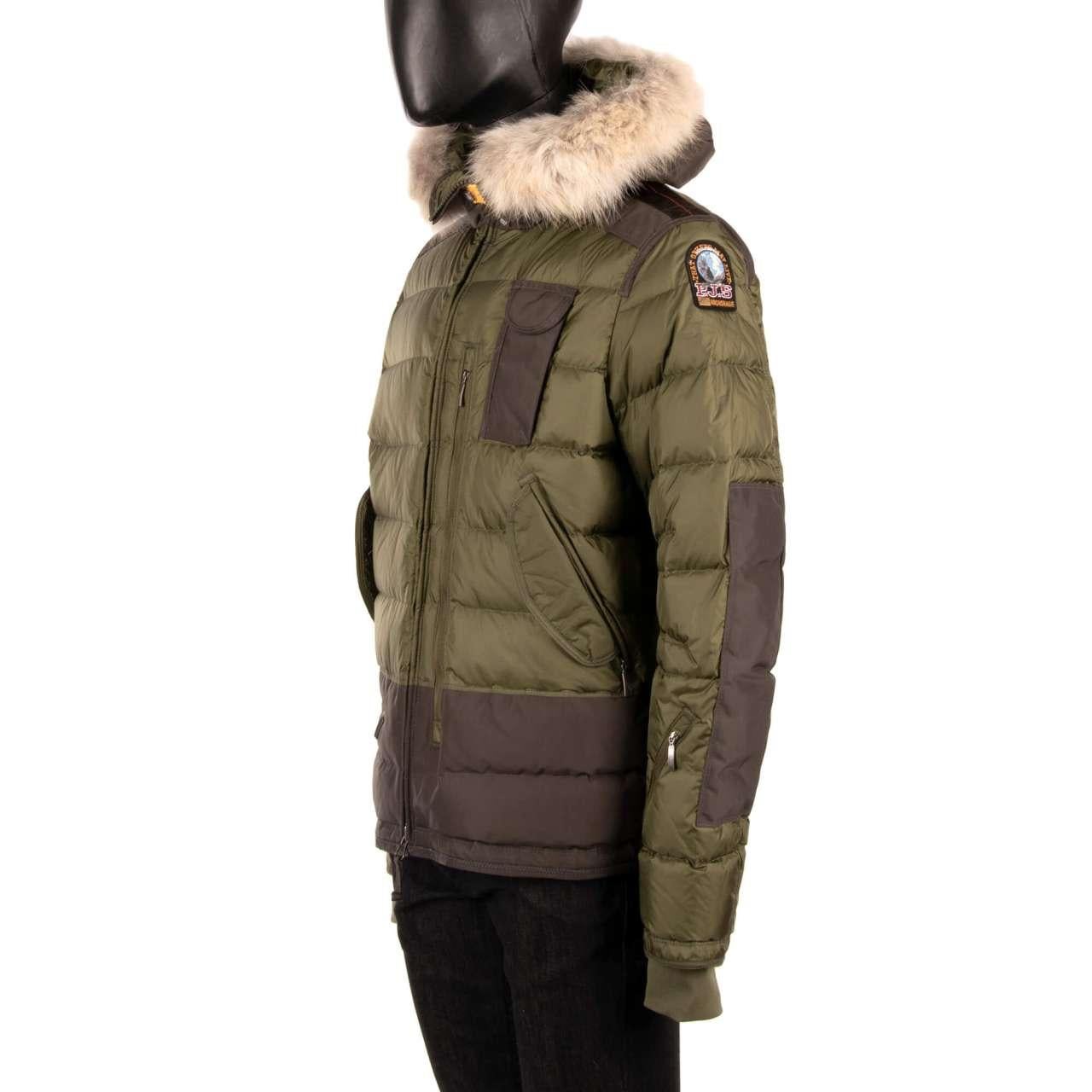 - Down filled Ski Jacket SKIMASTER made of nylon-polyurethane taffeta  with a detachable real fur trim, hood and many pockets in Military Green / Khaki - Mountain Series - New with tags - Former RRP: 900 EUR - Slim Fit - Front closure with zip -