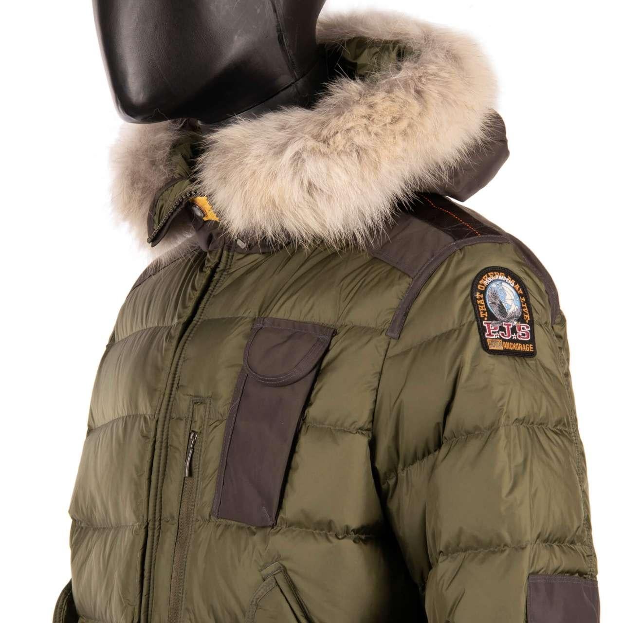 Parajumpers Ski Down Jacket SKIMASTER with Fur Hood & Pockets Military Green XS In Excellent Condition For Sale In Erkrath, DE