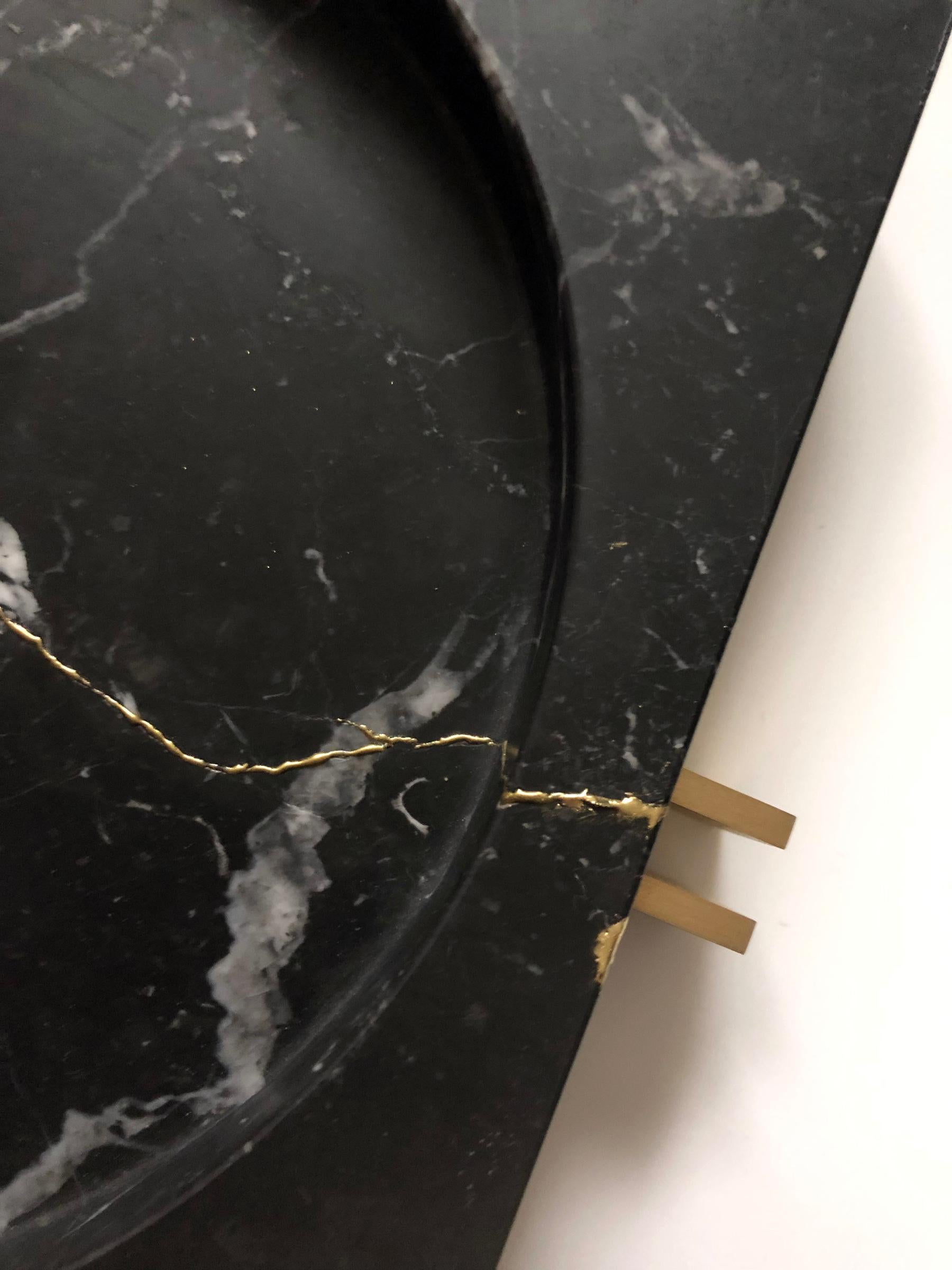 Contemporary Parallel Bowl in Nero Marquinia Marble with Gold Kintsugi Style Detailing For Sale