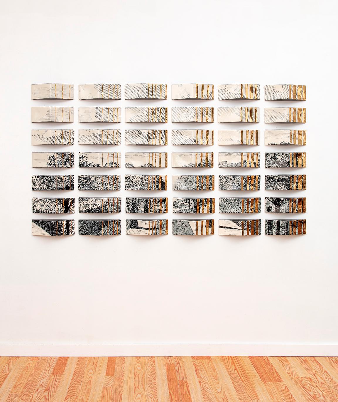 Molly Hatch’s latest installation, Parallel, continues her process of deconstructing historic imagery through an installation of triangular shaped wall tiles that create a large scale, three-dimensional ceramic lenticular. The graphic work, with its