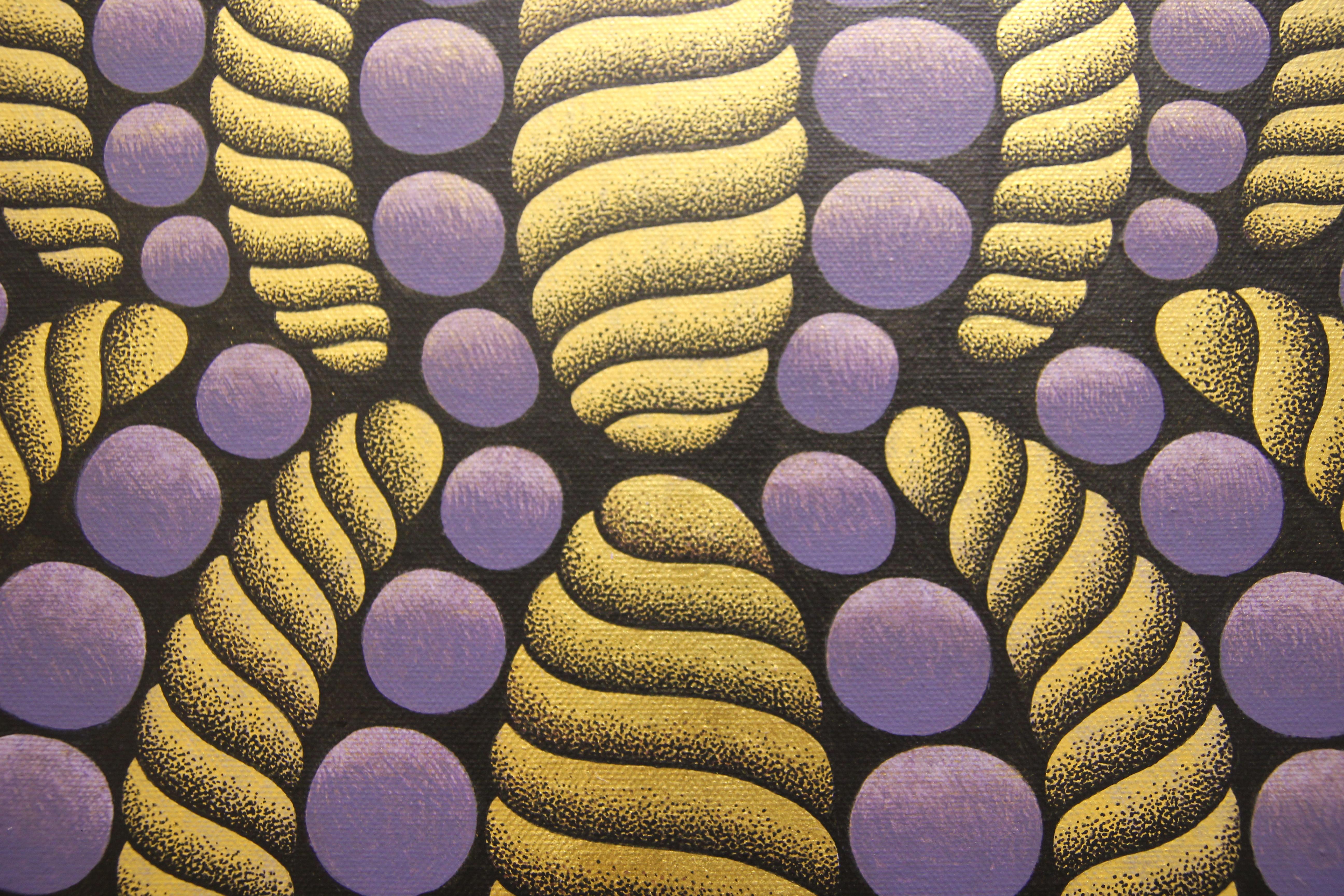 Abstract Geometric Op Art Painting by Thai artist Paramat Leung-On. Rich gold and purple circular shapes forming a mouth with an optical illusion pattern. Titled, signed, and dated by artist on the back. Framed in black matte frame.

Dimensions