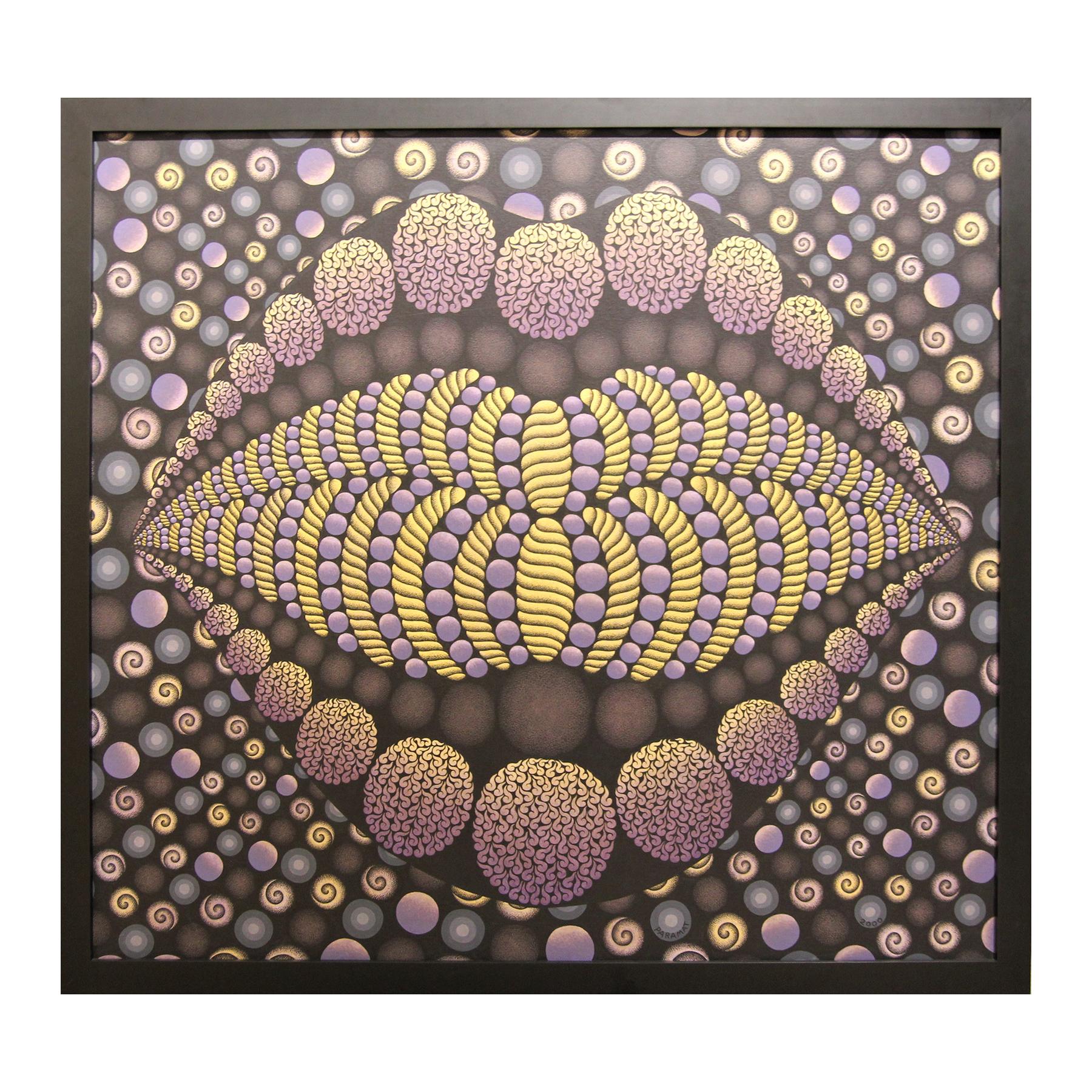 Paramat Lueng-On Abstract Painting - “Big Mouth / Emotions” Rich Gold and Purple Abstract Geometric Op Art Painting