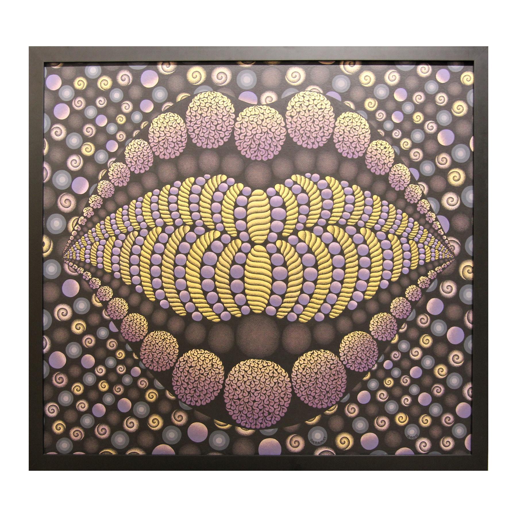 Paramat Lueng-On Figurative Painting - “Big Mouth / Emotions” Rich Gold and Purple Abstract Geometric Op Art Painting