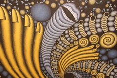 “Black Hole” Rich Gold and Purple Abstract Geometric Op Art Painting
