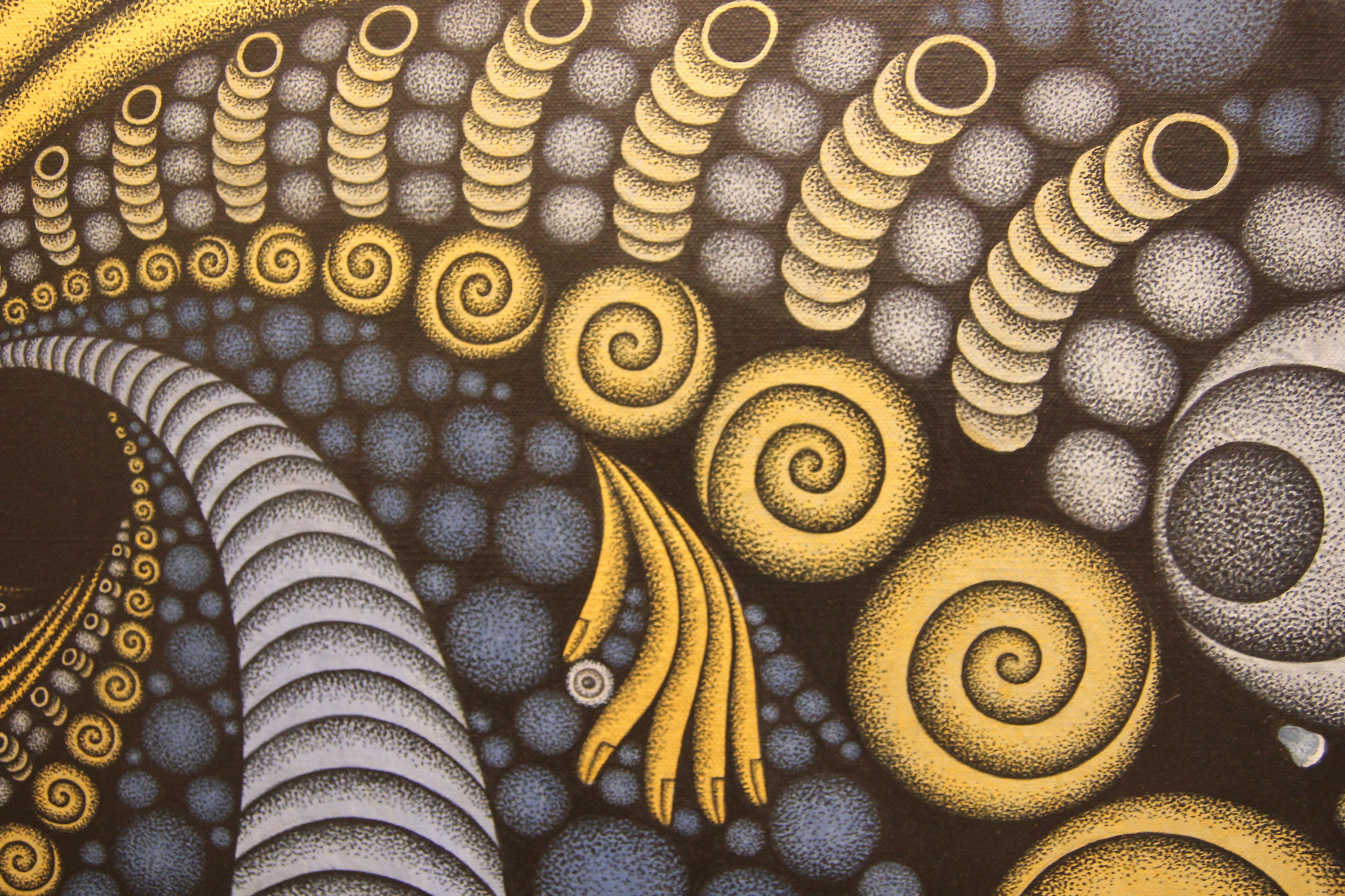 “Black Hole” Rich Gold and Purple Abstract Geometric Op Art Painting - Brown Abstract Painting by Paramat Lueng-On