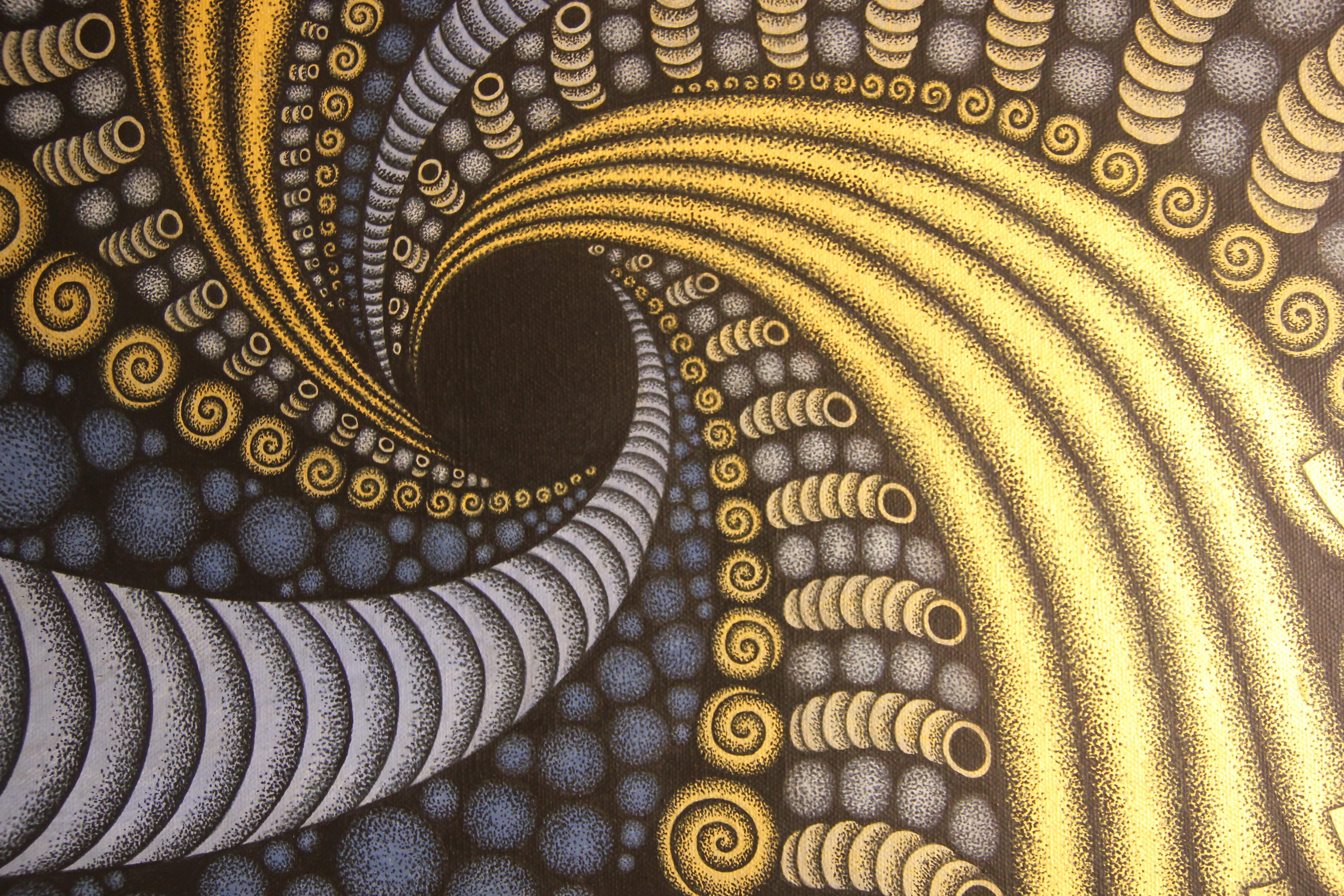 Abstract Geometric Op Art Painting by Thai artist Paramat Leung-On. Rich gold, yellow, and blue circular shapes swirl against a black background forming abstract figures of hands and mouths. The geometric pattern form an optical illusion that draws