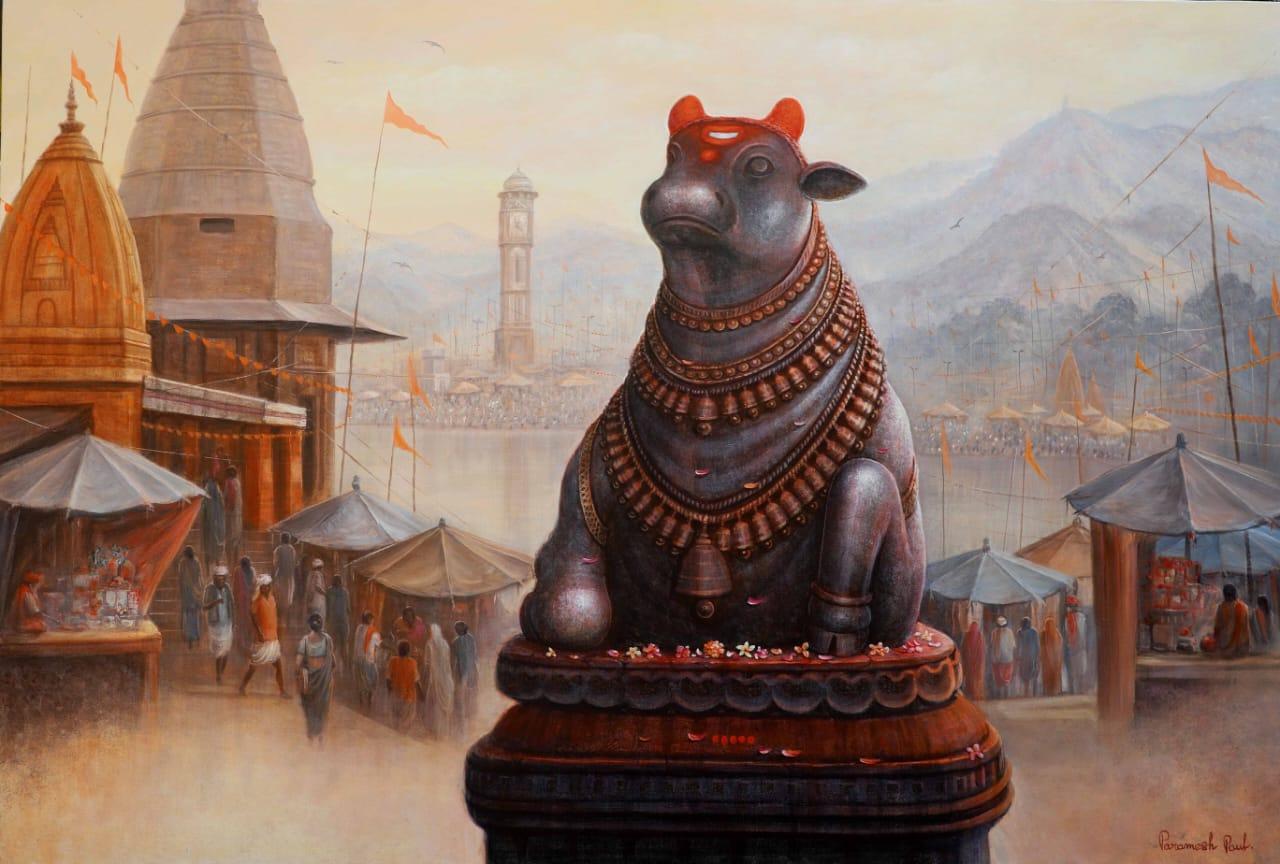 Nandi, Acryl auf Leinwand, Rot, Braun, Orange von zeitgenössischem Künstler „In Lager“ – Art von Paramesh Paul