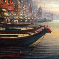 Varanasi, Holy City, Acrylic on Canvas, Brown by Contemporary Artist "In Stock"