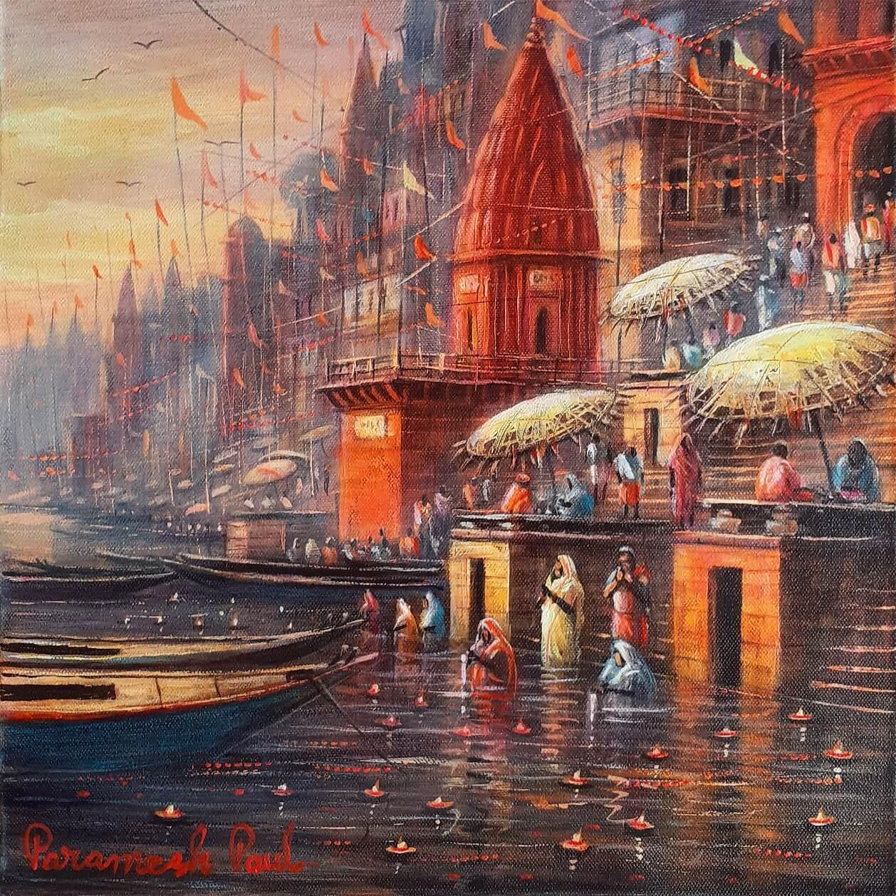 Varanasi, Heilige Stadt, Acryl auf Leinwand, Rot, Gelb Zeitgenössischer Künstler „Auf Lager“