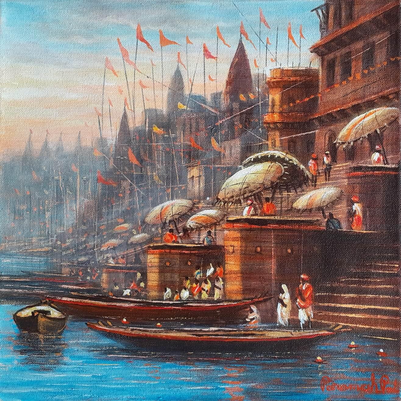 Interior Painting Paramesh Paul - Varanasi, Holy City, acrylique sur toile, artiste contemporain rouge et jaune, « en stock »