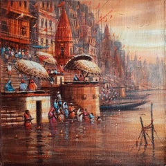 Varanasi, Holy City, acrylique sur toile, artiste contemporain rouge et jaune, « en stock »