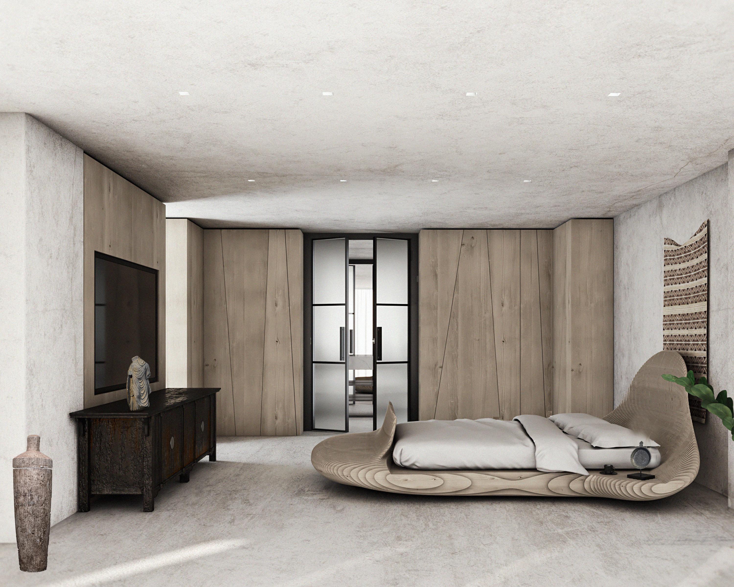 The parametric bed by John Brevard is a made to order with sustainably harvested teak wood. Each piece is unique and hand made showing the authenticity of hand craftsmanship. 

These made to order pieces are from our Fabric series which are like