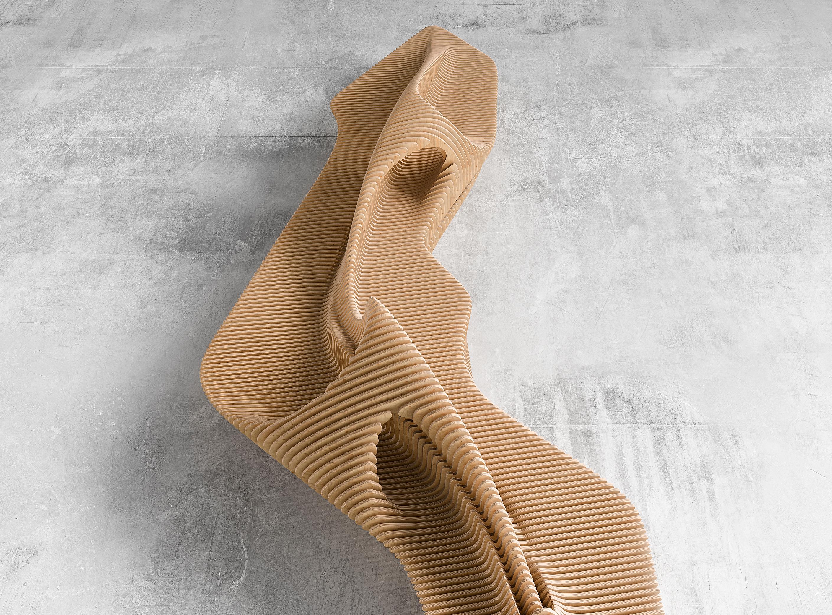 Una panchina scultorea a doppia faccia progettata sia per la funzionalità che per l'estetica. Realizzato in compensato da 18 mm e
Rinforzata con aste di metallo, la sua forma fluida e dinamica permette di sedersi da entrambi i lati, rendendola