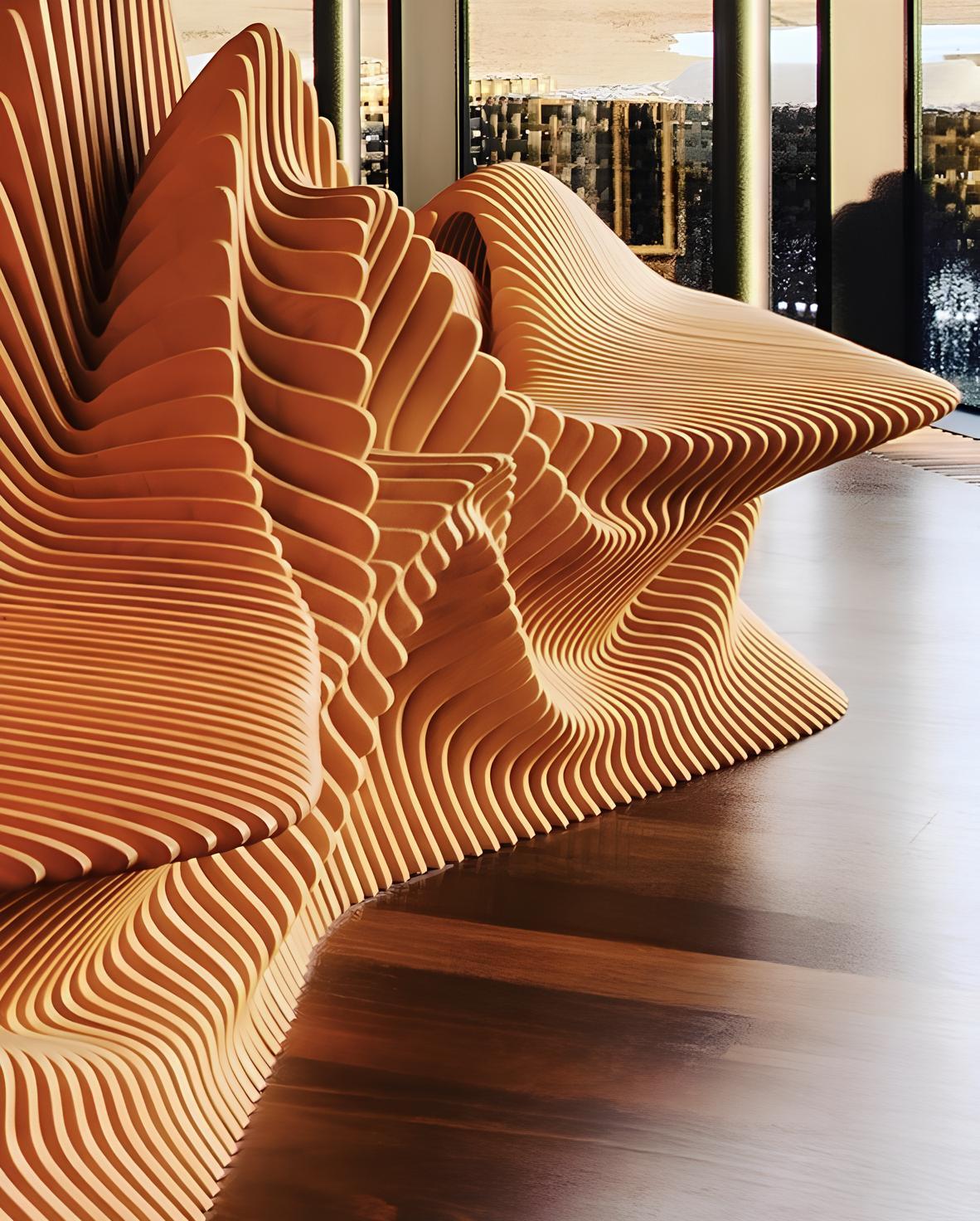 Futurist Parametric Plywood Seating - Mollusk Inspired CNC-Cut Modern Bench For Sale