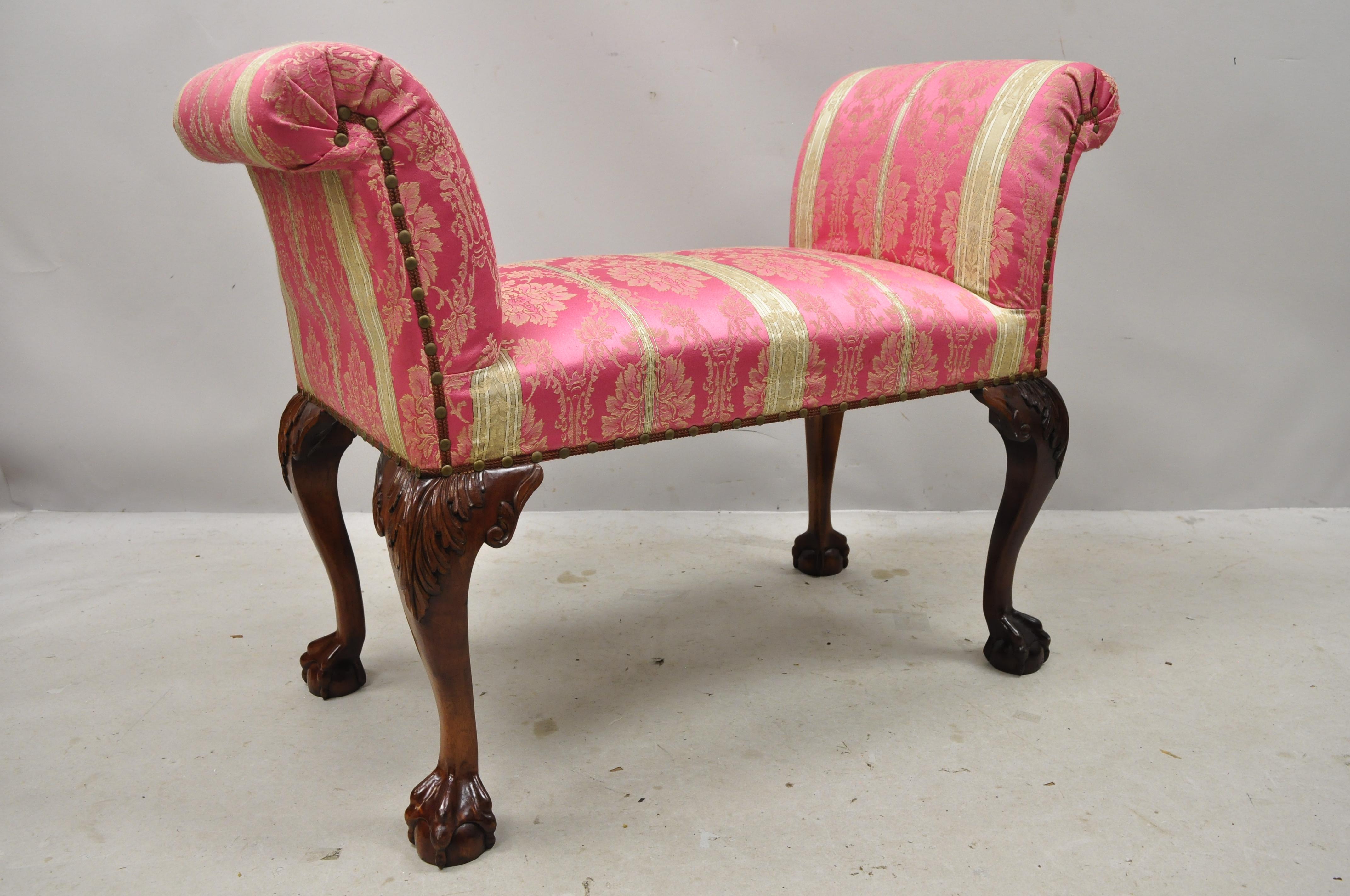 Paramount Antiques Inc Chippendale Mahogany Ball and Claw Pink Upholstered Bench 5