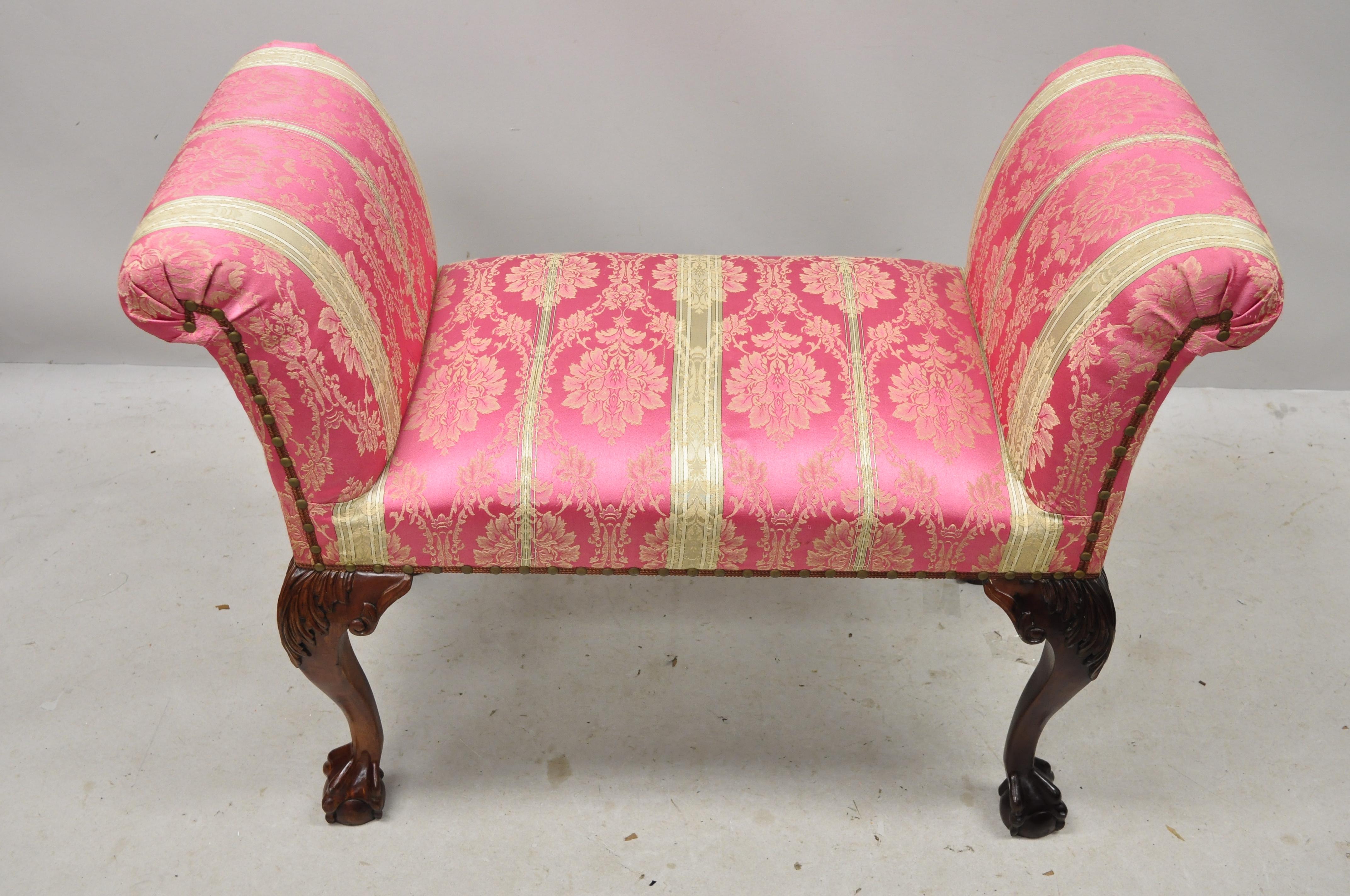 Vintage paramount antiques inc Chippendale style mahogany ball and claw pink upholstered bench. Item features solid wood construction, nicely carved details, original label, carved ball and claw feet, great style and form, circa mid-late 20th
