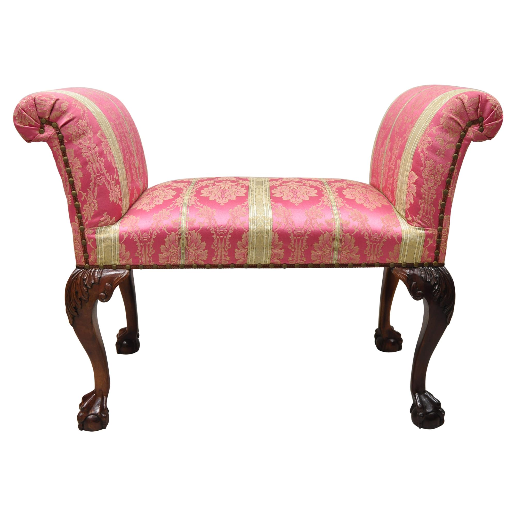 Paramount Antiques Inc Chippendale Mahogany Ball and Claw Pink Upholstered Bench