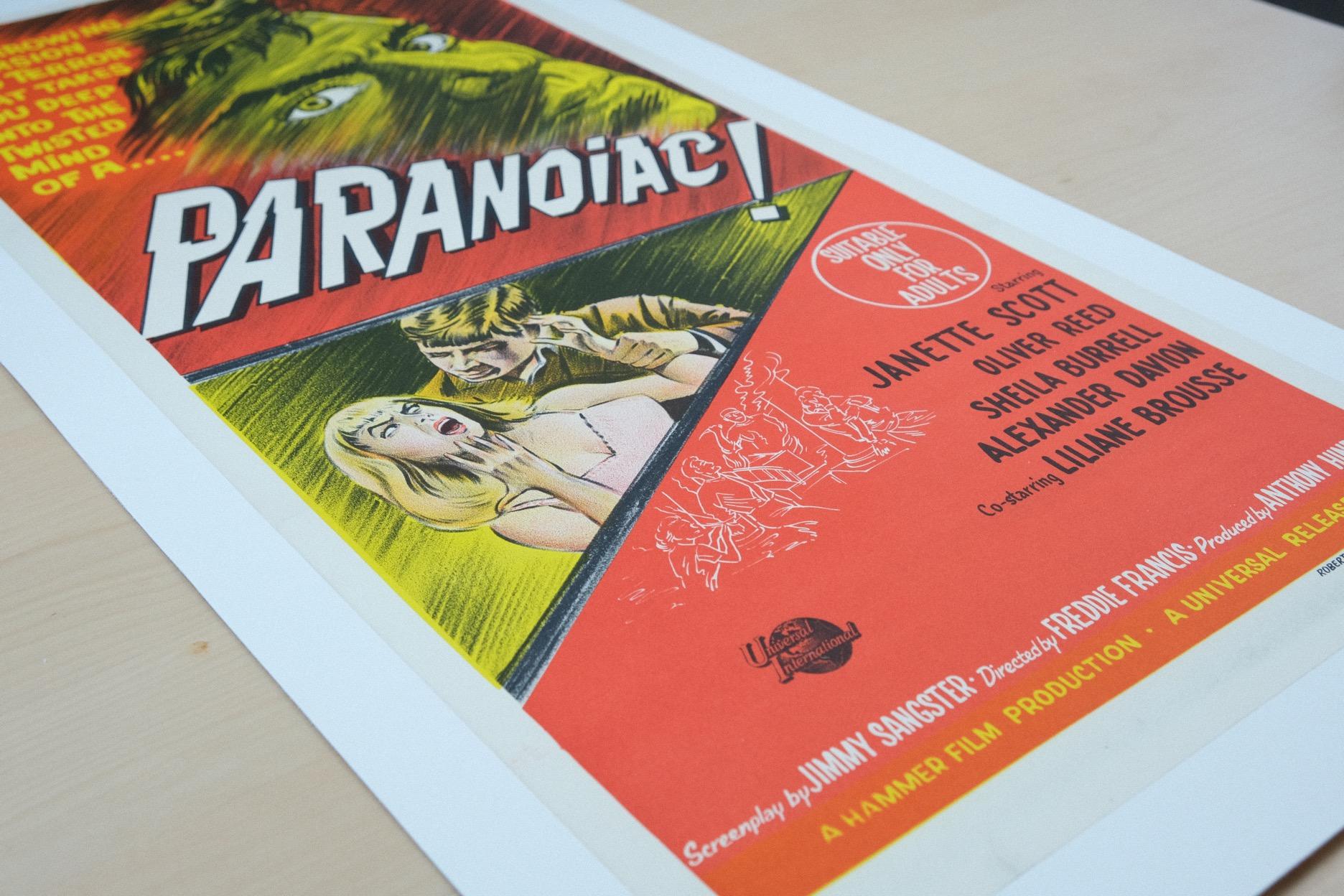Size: Daybill

Condition: Mint

Dimensions: 380mm x 840mm (inc. Linen Border)

Type: Original Lithographic Print - Linen Backed

Year: 1963

Details: A rare original daybill poster for the 1963 film ‘Paranoiac’. This poster has some