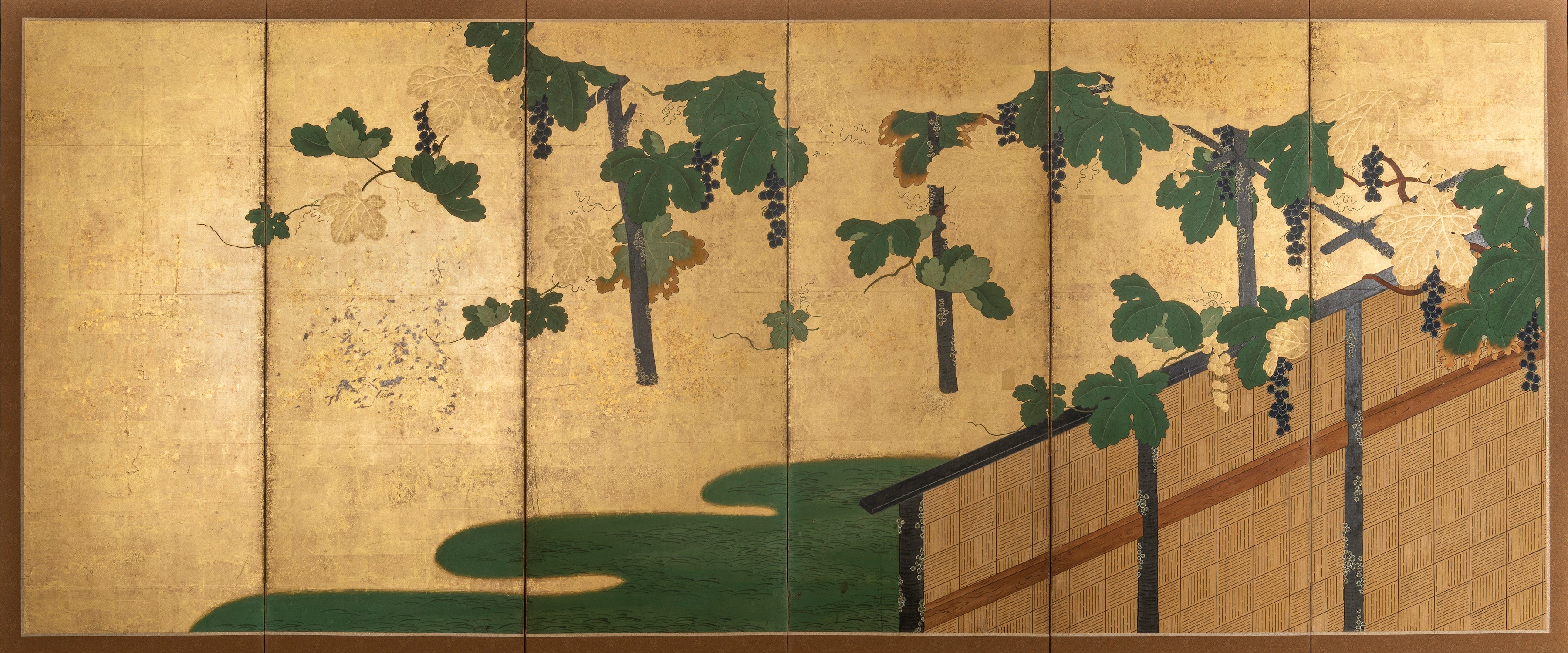 Paravent - A six-fold Japanese screen with grape vines - 17th/18th century, Edo For Sale