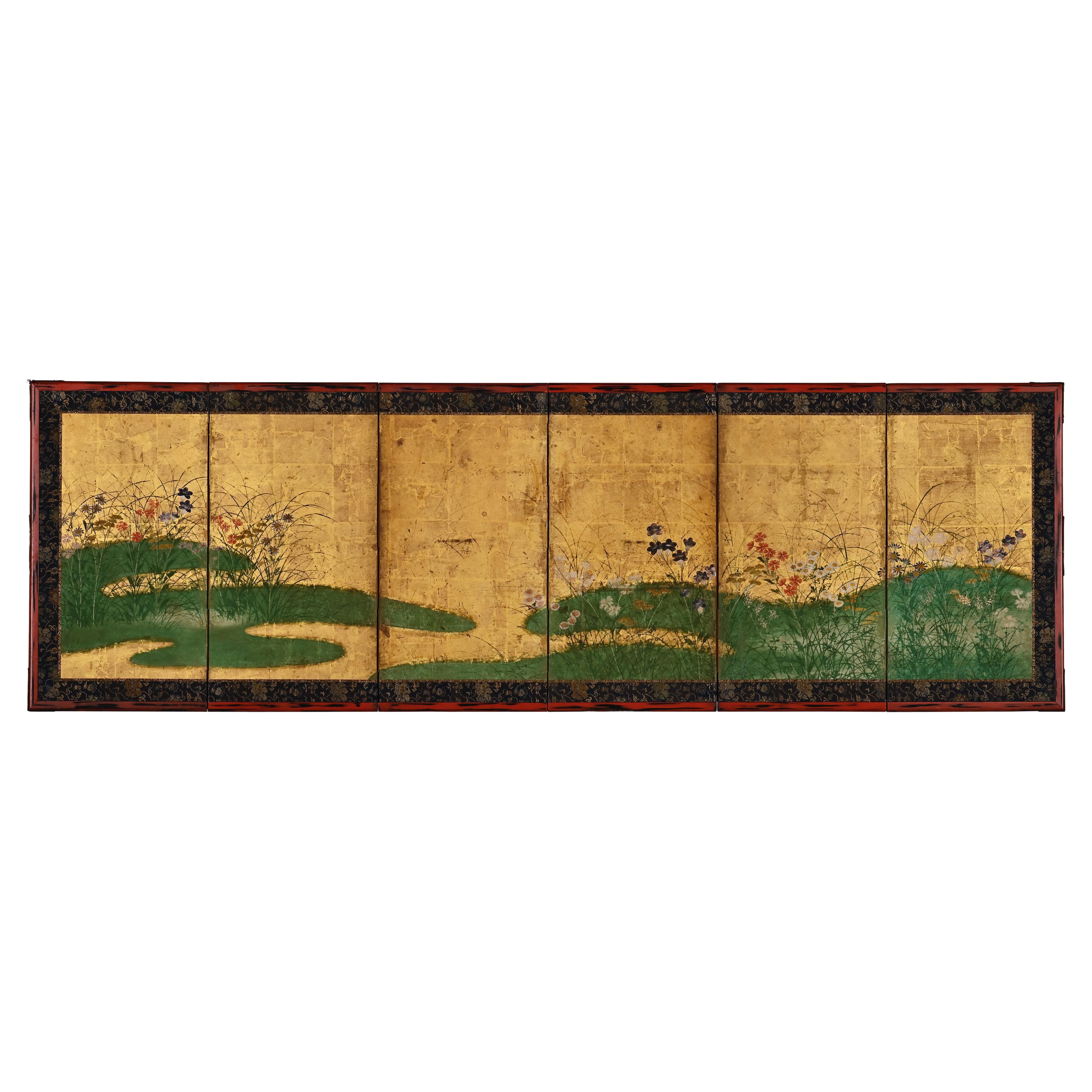 Paravent - A small six-fold Japanese screen with autumn flowers - Edo period