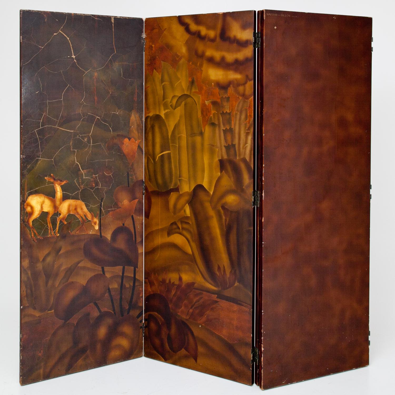 Four-part foldable paravent by Paul Follot (1877-1941) out of lacquered wood. The front shows dear and a leopard in a jungle landscape. Inscribed on the bottom right corner “R. Schils, Atelier Paul Follot”. The backside is lacquered in brown and