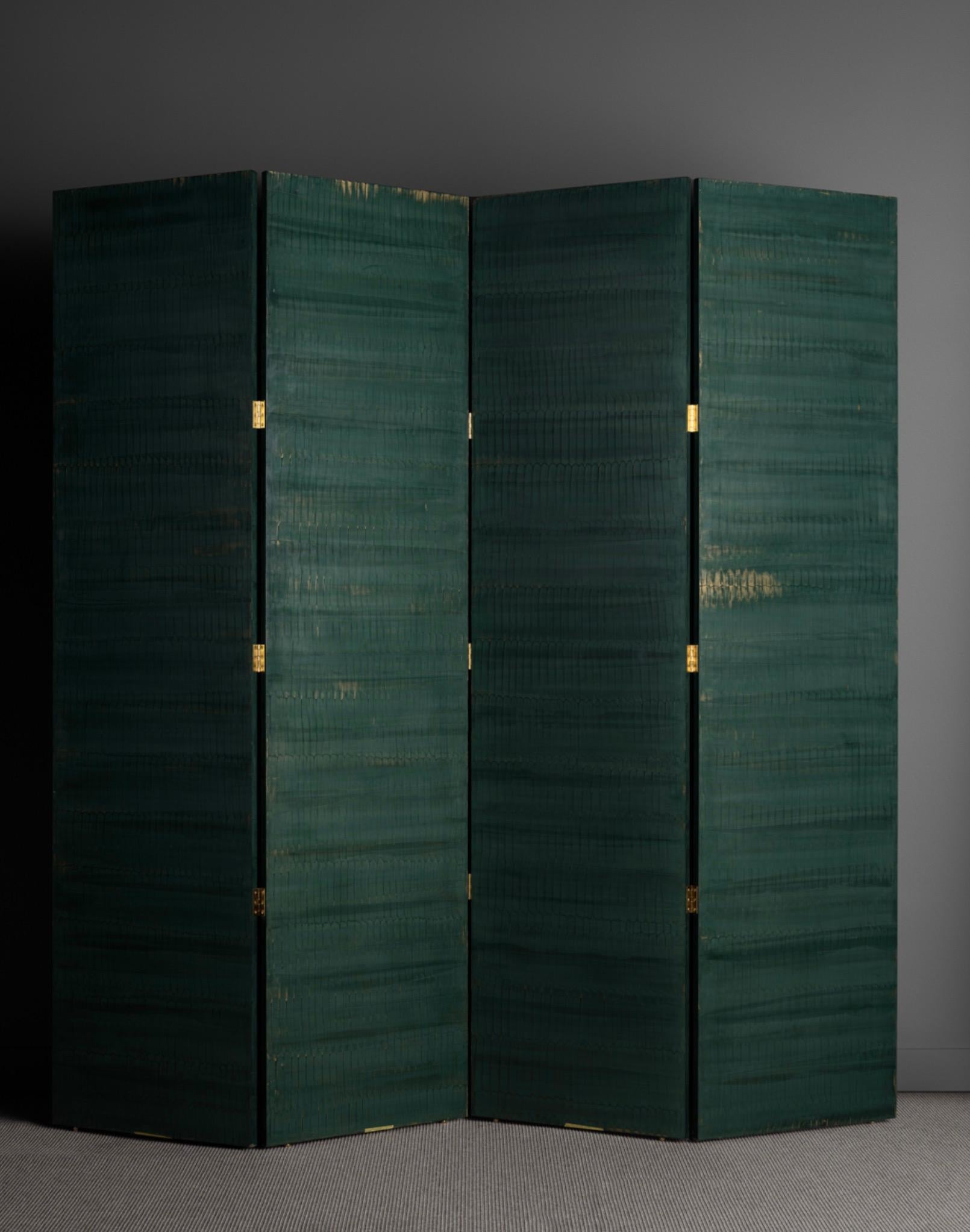 Yolande Milan Batteau (b. 1970)
USA, 2022
Four panel screen made of wood, marble dust plaster, Abalone, handmade glazes and micaceous waxes.