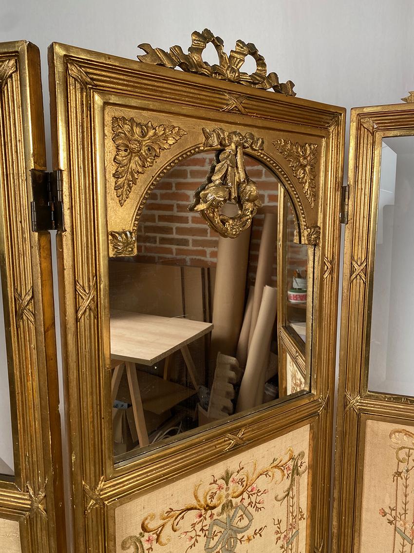 French Paravent en bois doré de style Louis XVI, vers 1900