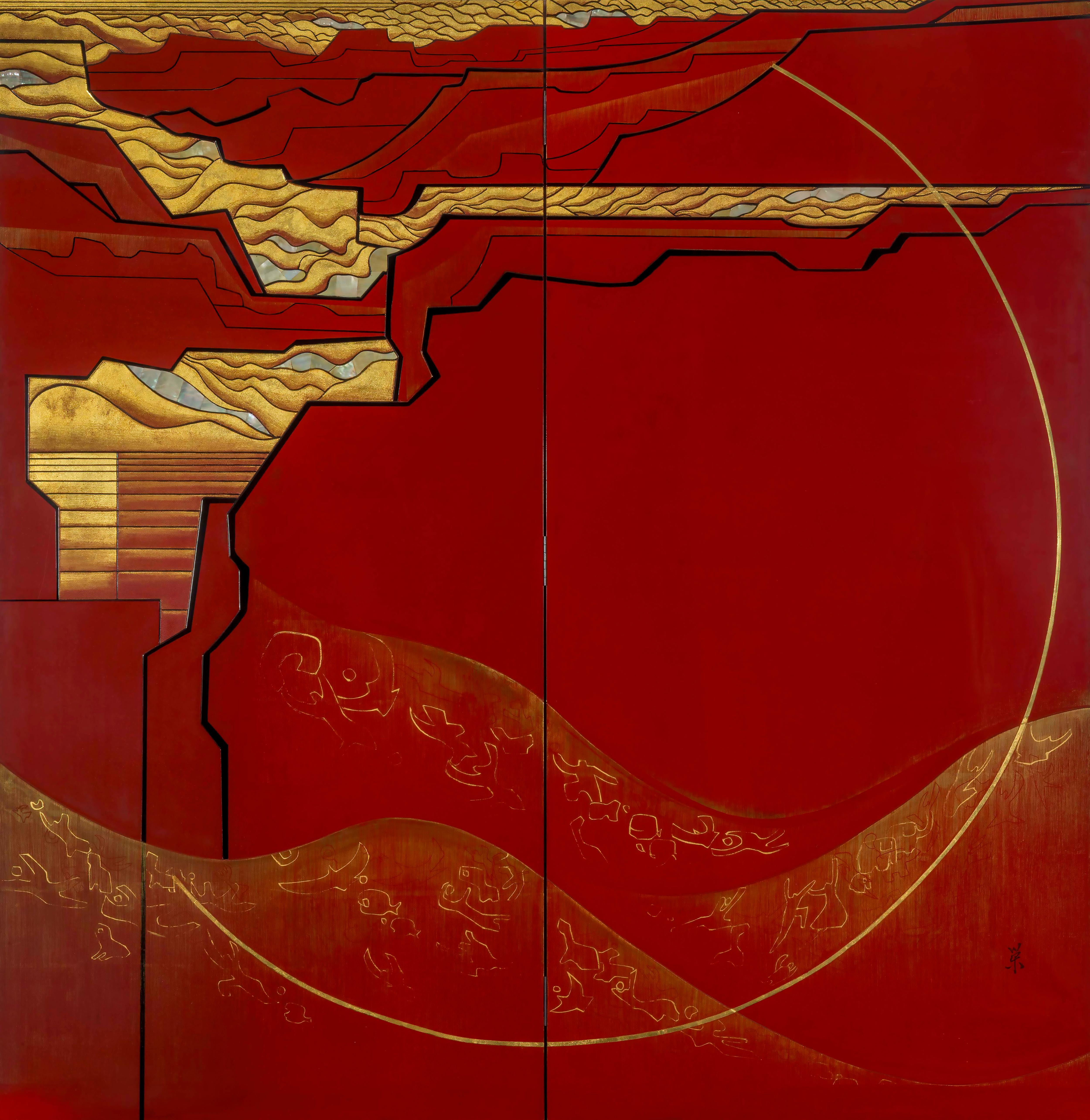Paravent en laque-A two-fold lacquer screen with an abstract design by Imai Eiko For Sale