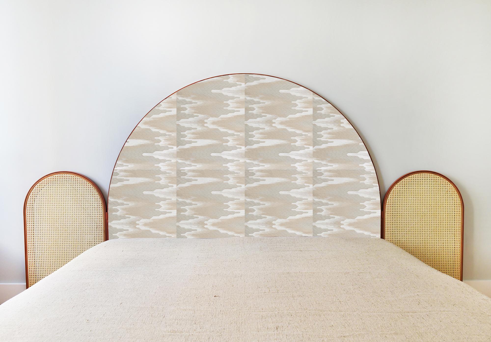 “Paravent Ideal” is a handcrafted, screen headboard made by artisans in Turkey, preserving and sustaining traditional Turkish handcrafts. The central large arc is upholstered in Dedar fabric Fandango, which comes in blue, yellow and purple colors.