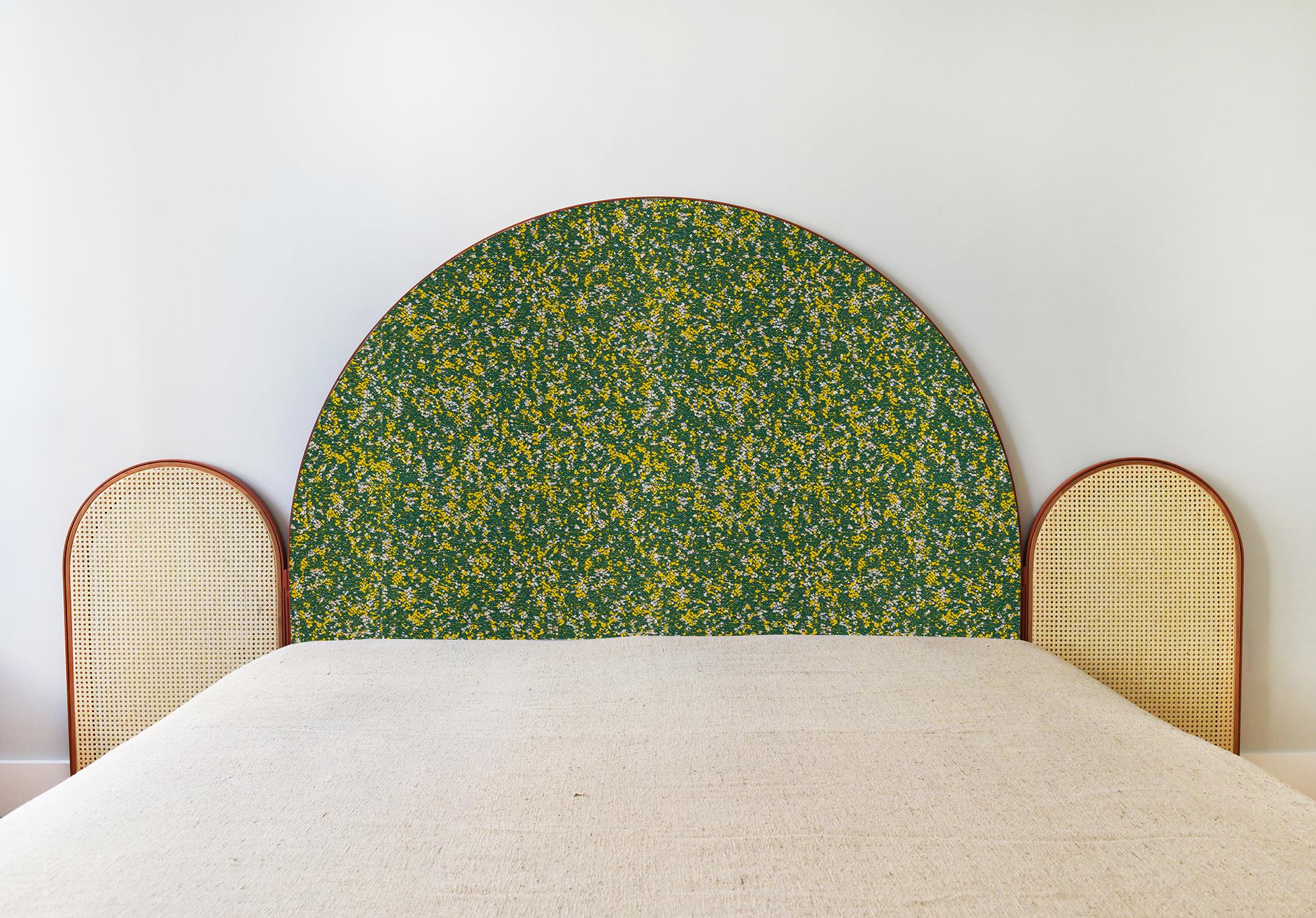 “Paravent Ideal” is a handcrafted, screen headboard made by artisans in Turkey, preserving and sustaining traditional Turkish handcrafts. The central large arc is upholstered in Kvadrat fabric Atom, which comes in beige, green and purple colors. The