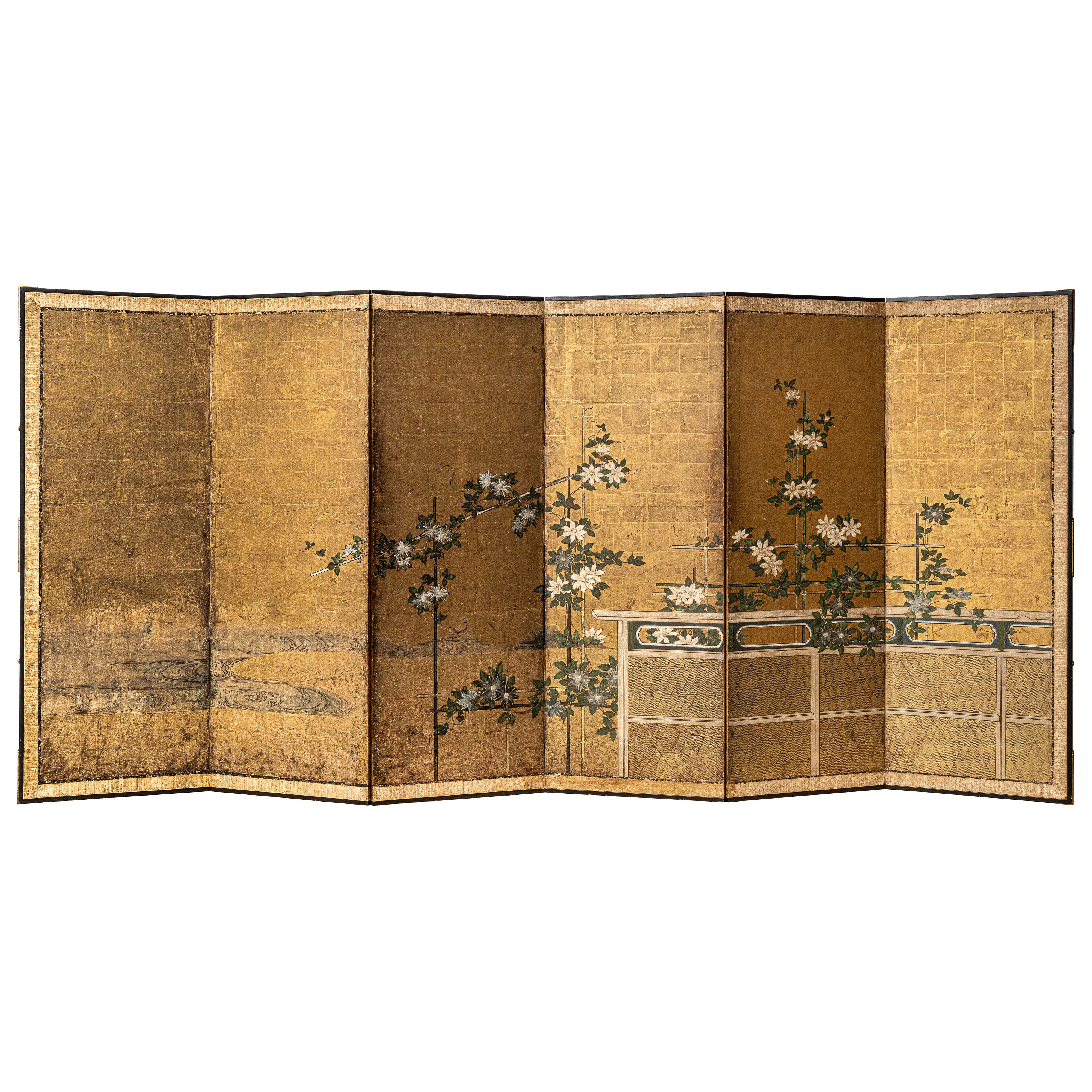 Paravent japonais- A pair of six-fold Japanese screens with clematis- Edo period