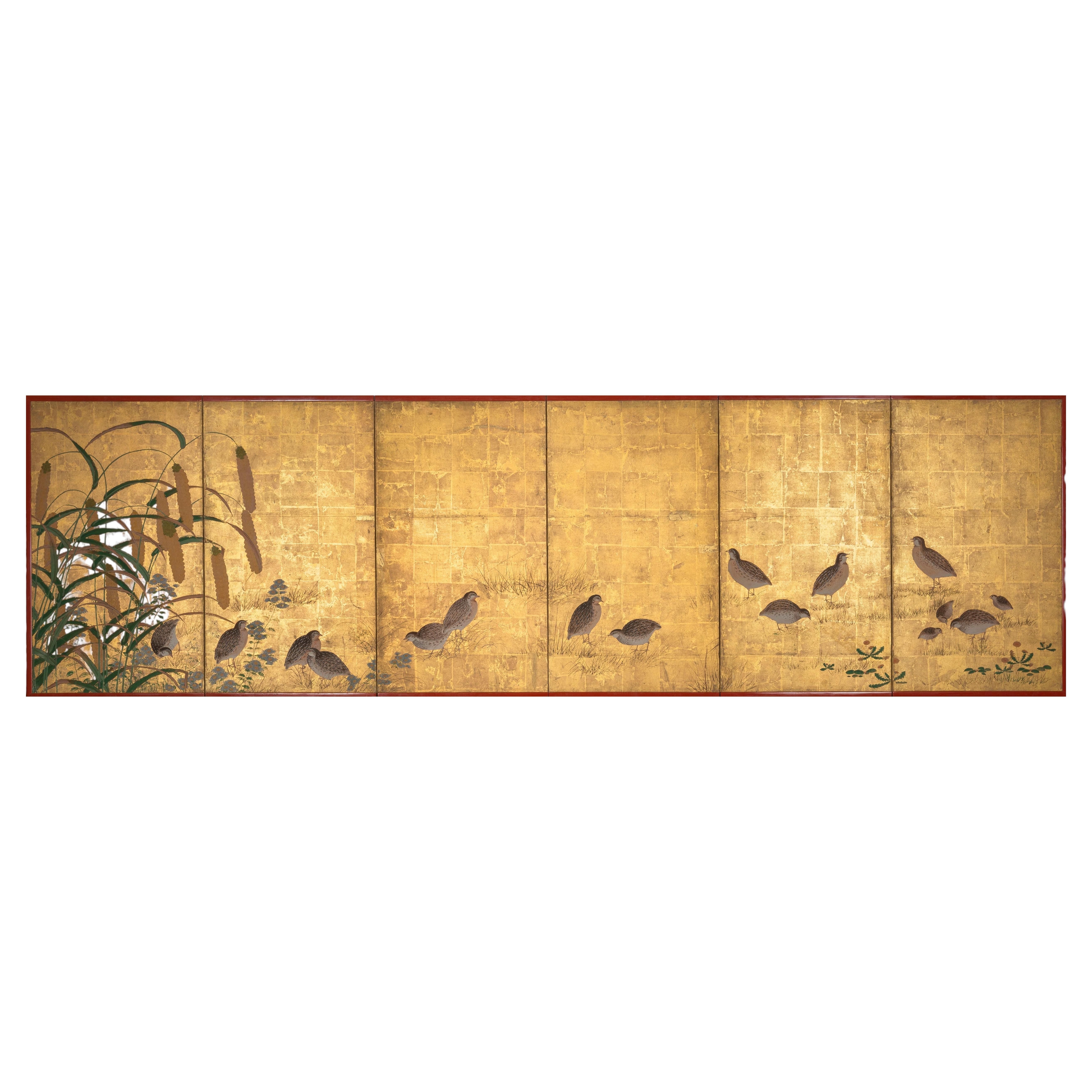 Paravent Japonais - Biombo japonés con codornices - Periodo Edo en venta