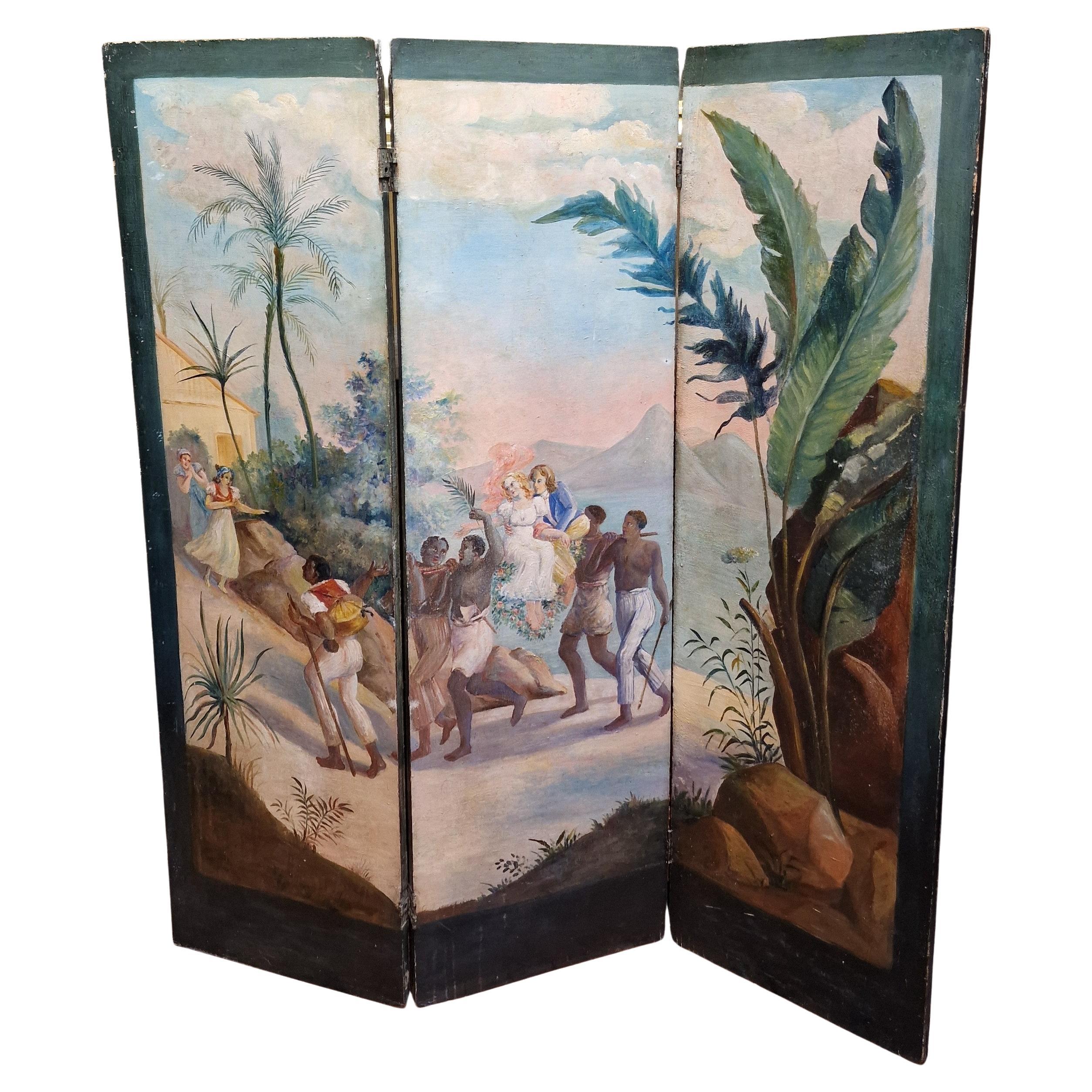 Paravent peint fin 19éme siècle in vendita