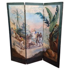 Antique Paravent peint fin 19éme siècle