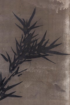Paravent - Two-fold screen painted in ink on silver ground with poem by Rengetsu