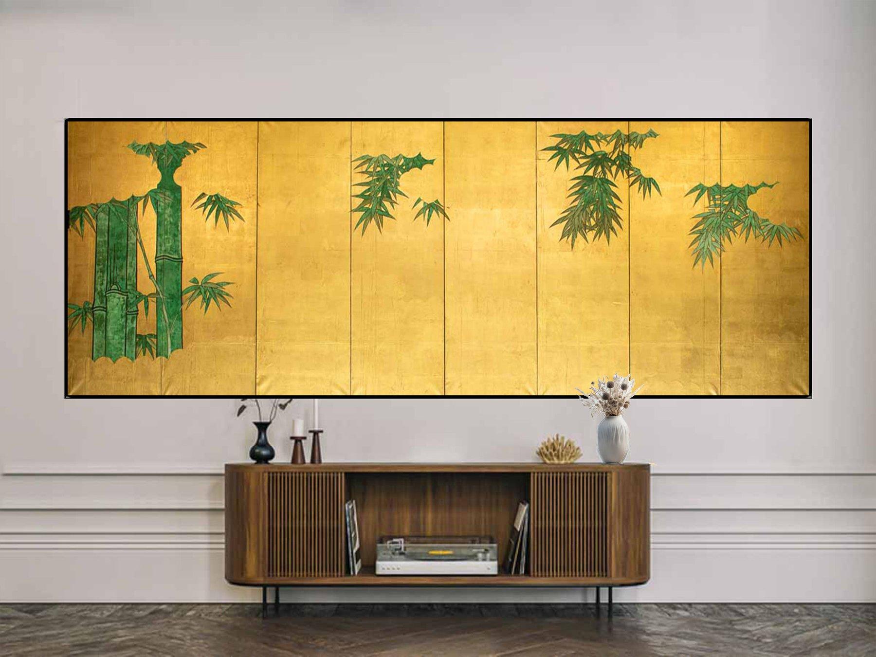 Majestic eight-panel folding screen, decorated with refined bamboo plants with slender stems and windblown leaves, elegantly rendered against a background entirely covered in gold leaf.

Period: Meiji late 19th cent. 
Size: 121.5 x 322