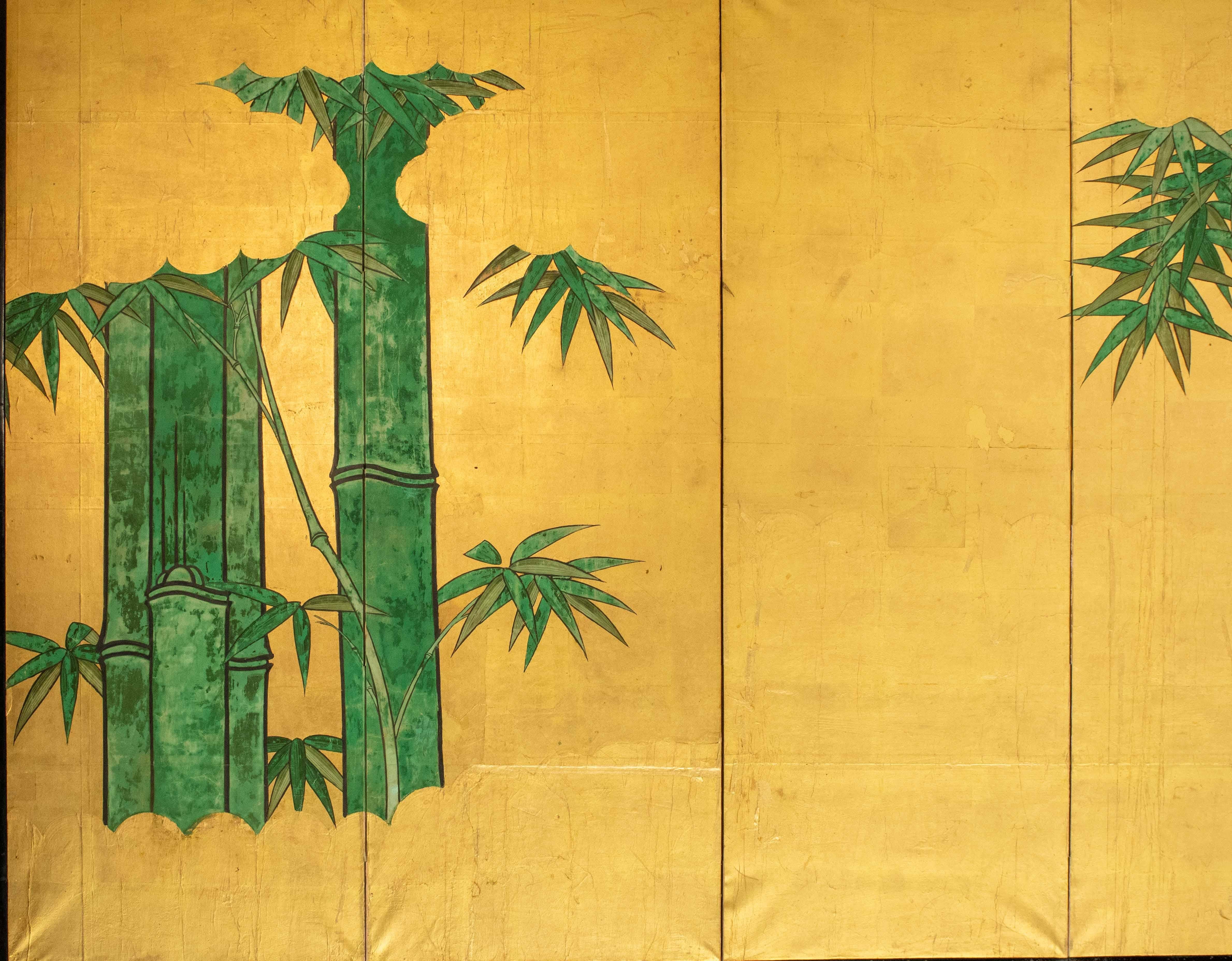 Japanese Paravento a otto pannelli decorato con piante di bambù su foglia oro in vendita