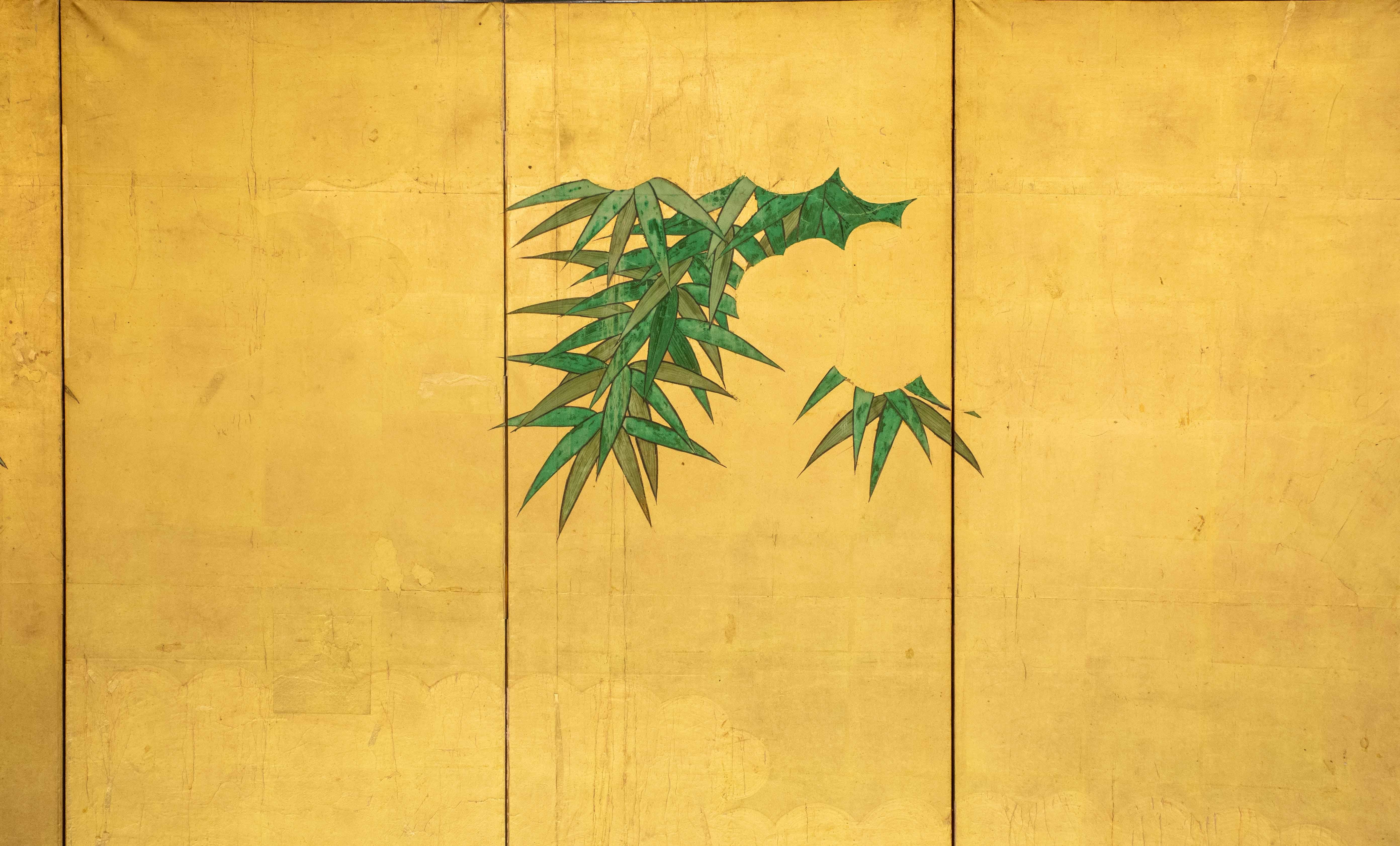Hand-Painted Eight-panel screen decorated with bamboo plants on gold leaf