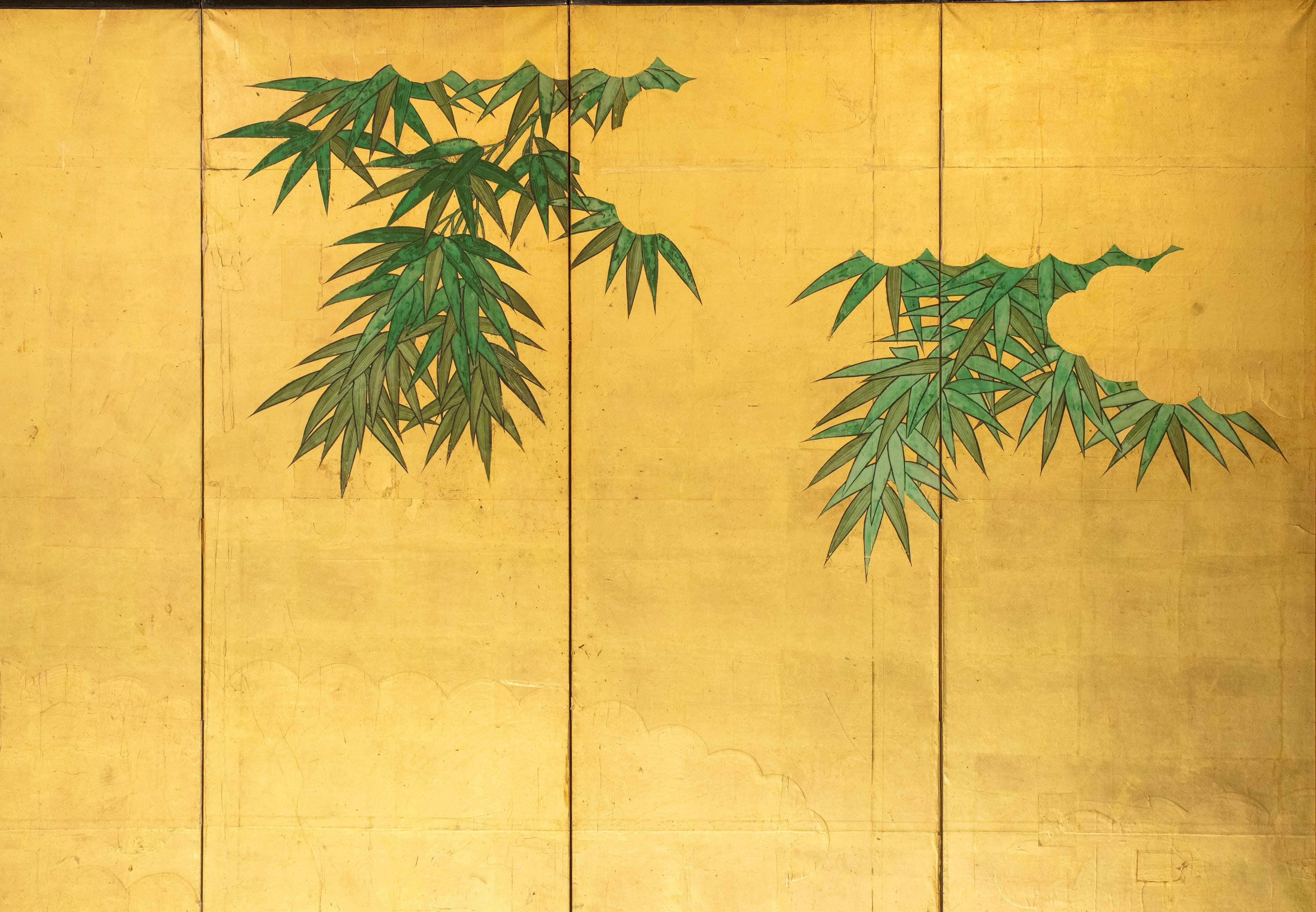 Eight-panel screen decorated with bamboo plants on gold leaf In Good Condition In Milano, IT