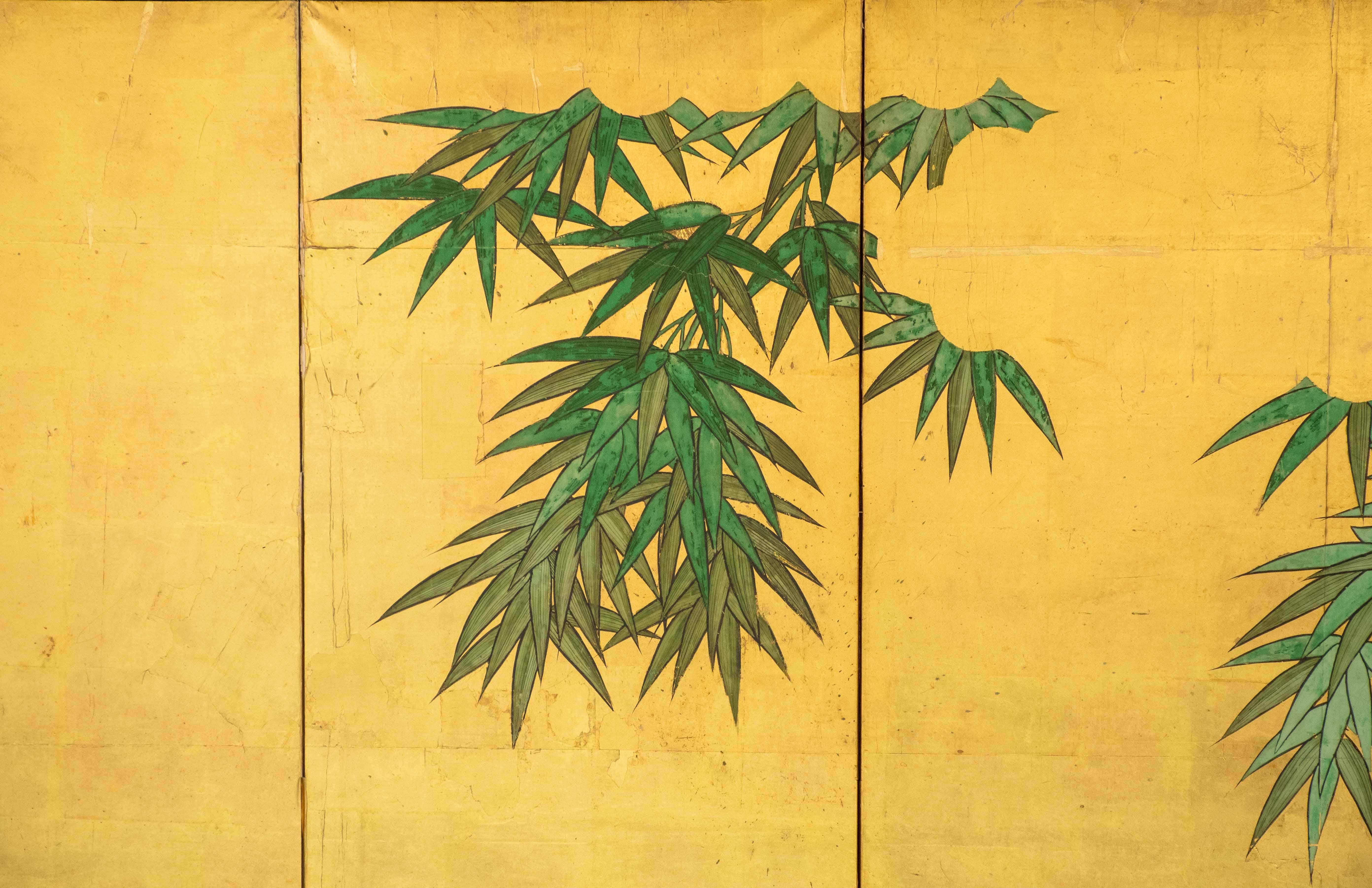 19th Century Eight-panel screen decorated with bamboo plants on gold leaf