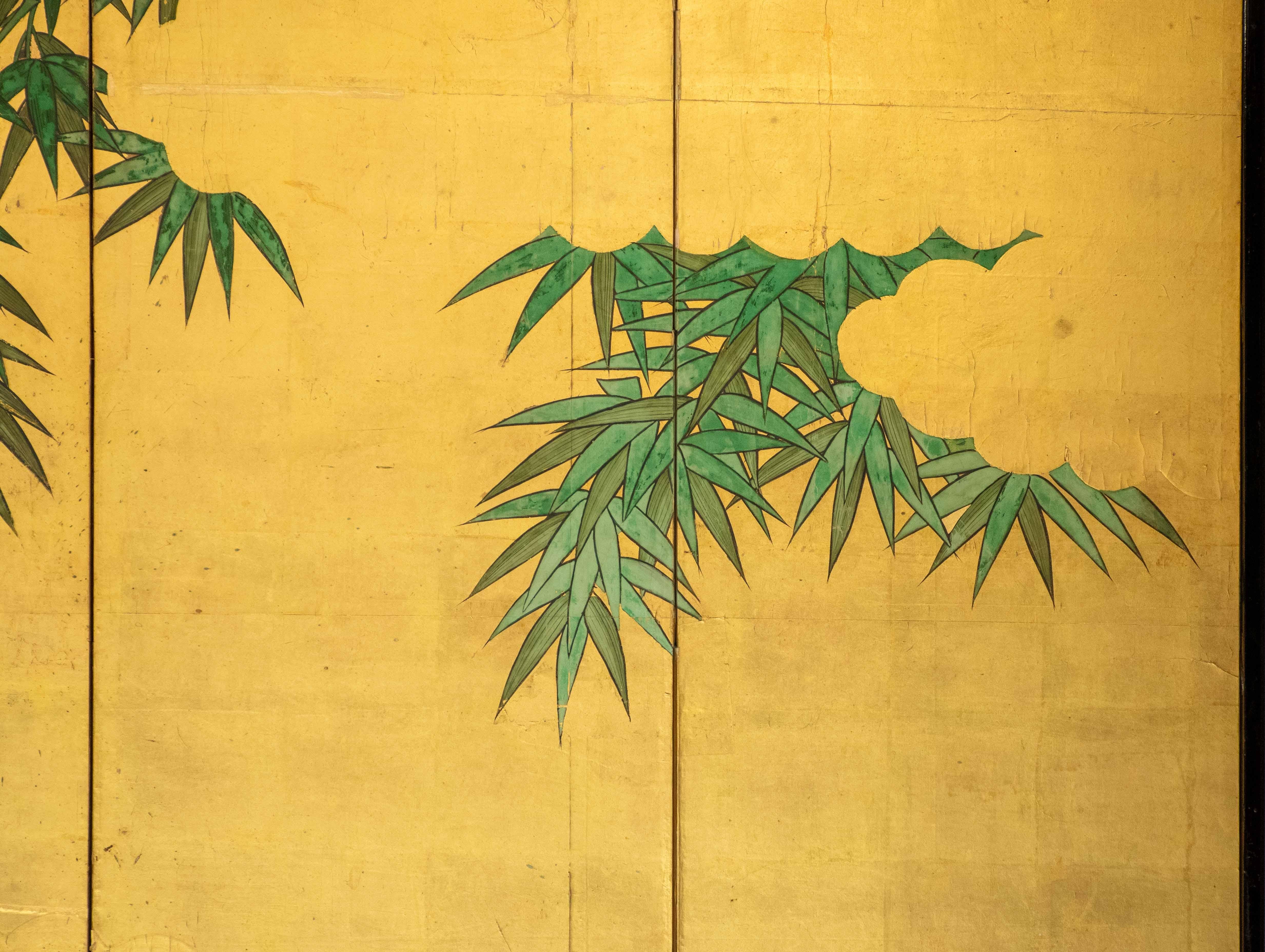 Paper Eight-panel screen decorated with bamboo plants on gold leaf