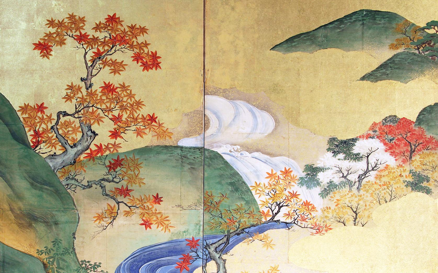 Japanese Paravento a quattro pannelli - Paravento in foglia d'oro