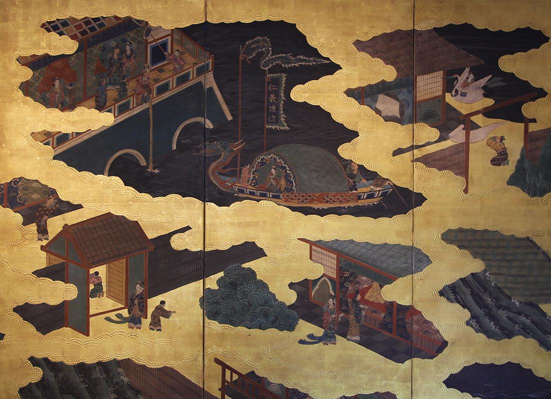 Edo Écran à feuilles d'or à six panneaux en vente