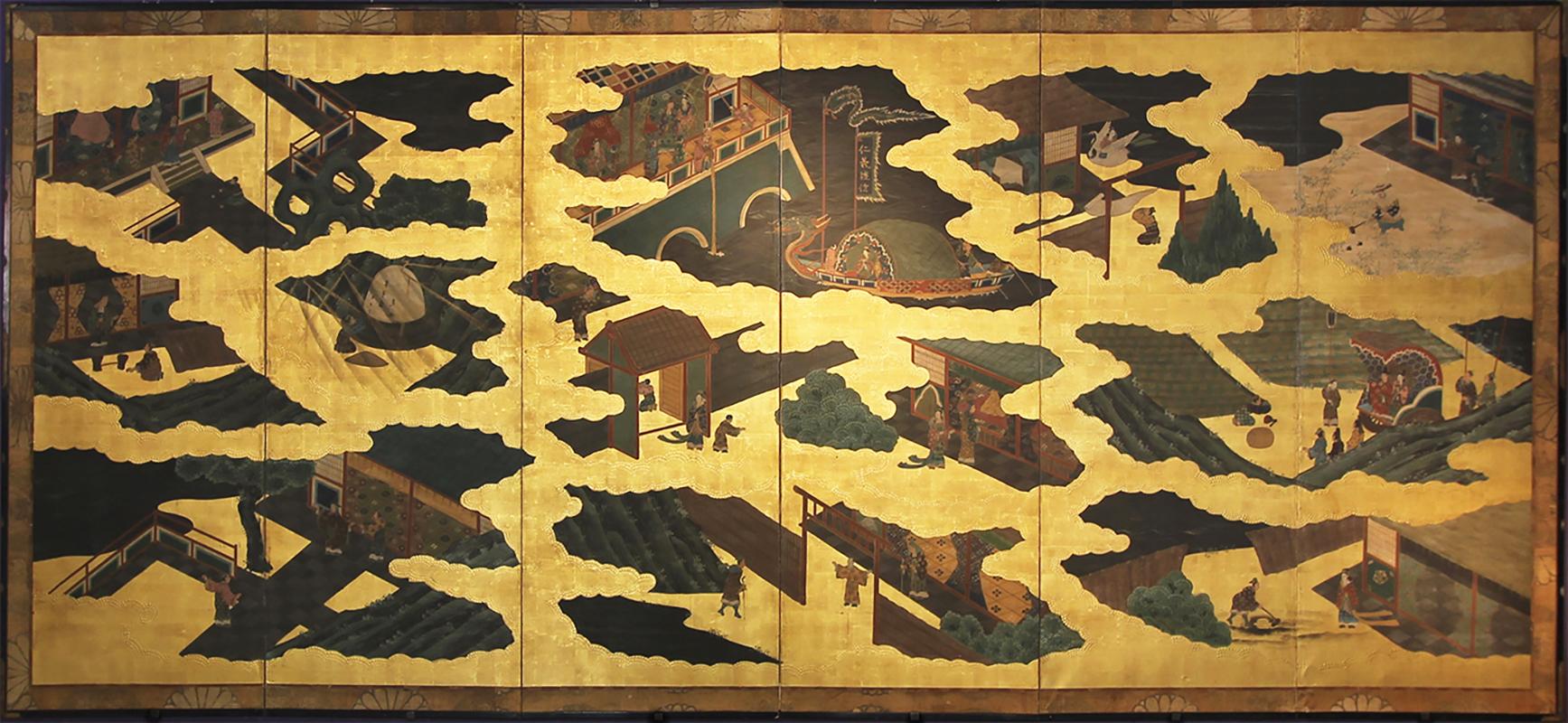 Hand-Painted Six-panel gold leaf screen For Sale