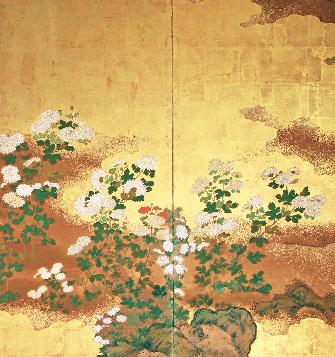 Edo Four-panel golden screen of Rinpa school For Sale