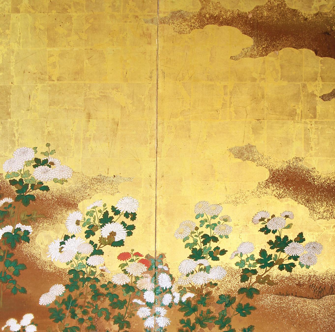Japanese Four-panel golden screen of Rinpa school For Sale