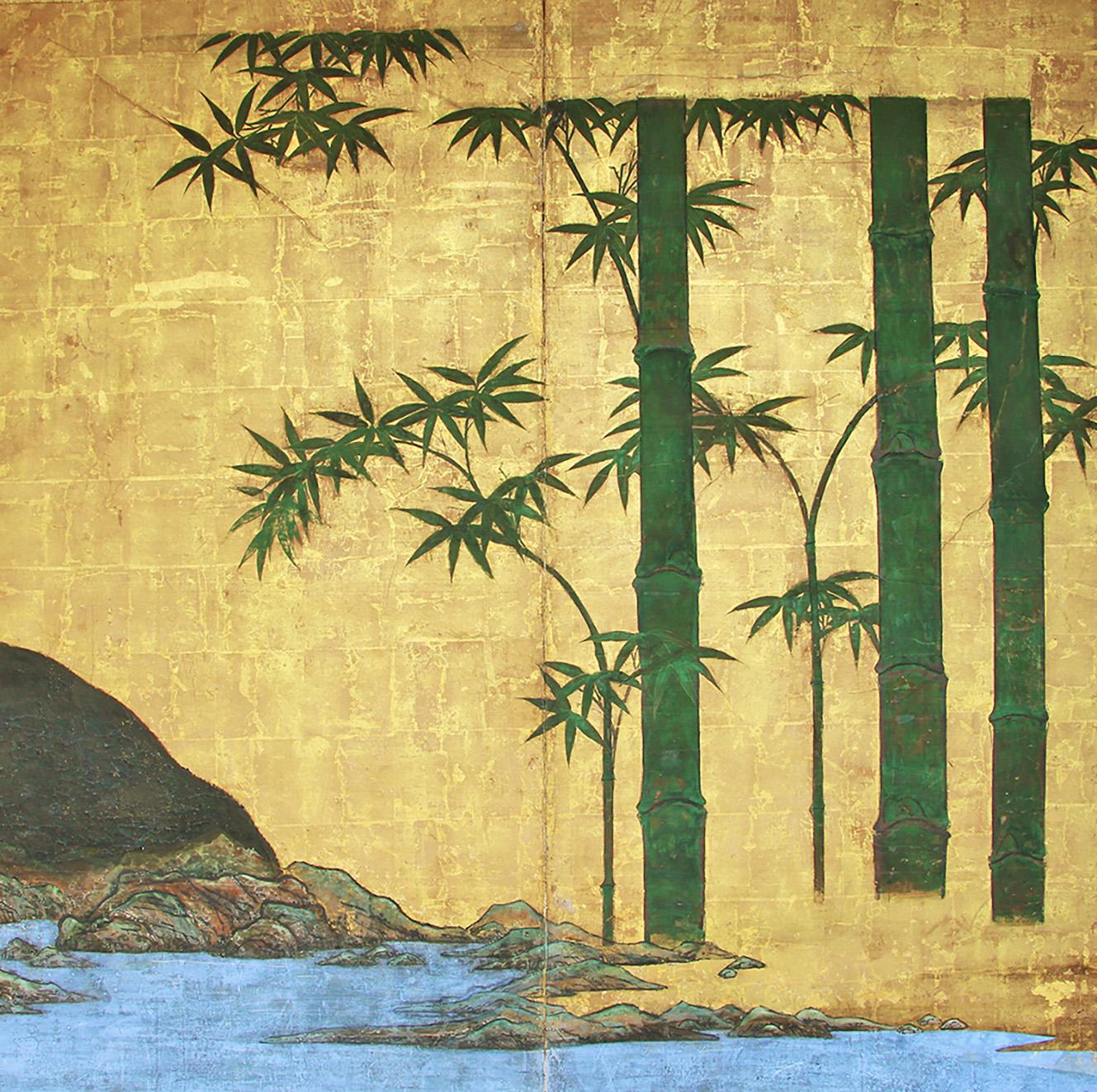 Paesaggio giapponese della sciuola di Kano dei primi anni del XVIII° secolo a due pannelli con alberi di bambù. Mineralische Pigmente und Nebelfelder auf Pflanzenkarten. Bordo in seta ne broccato. 
