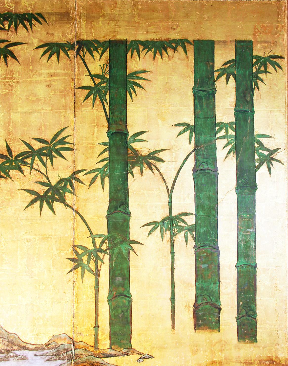 Paravento Due Pannelli Bambù su Foglia d'Oro (Edo) im Angebot