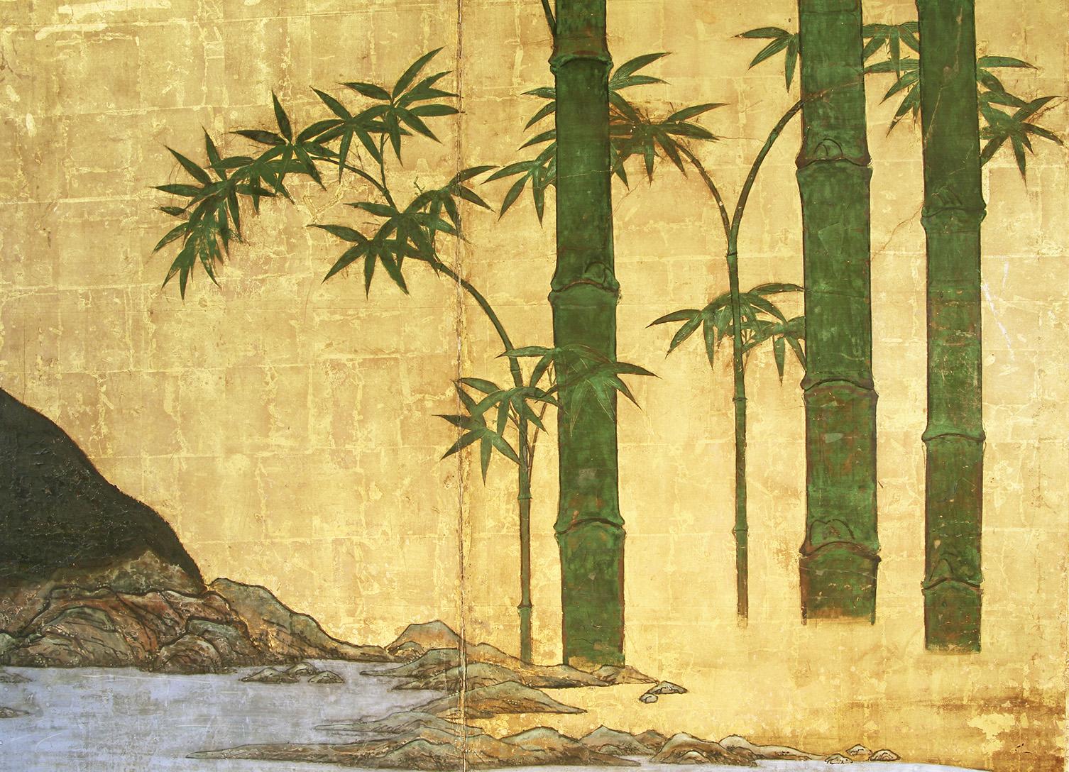 Edo Paravento Due Pannelli Bambù su Foglia d'Oro For Sale