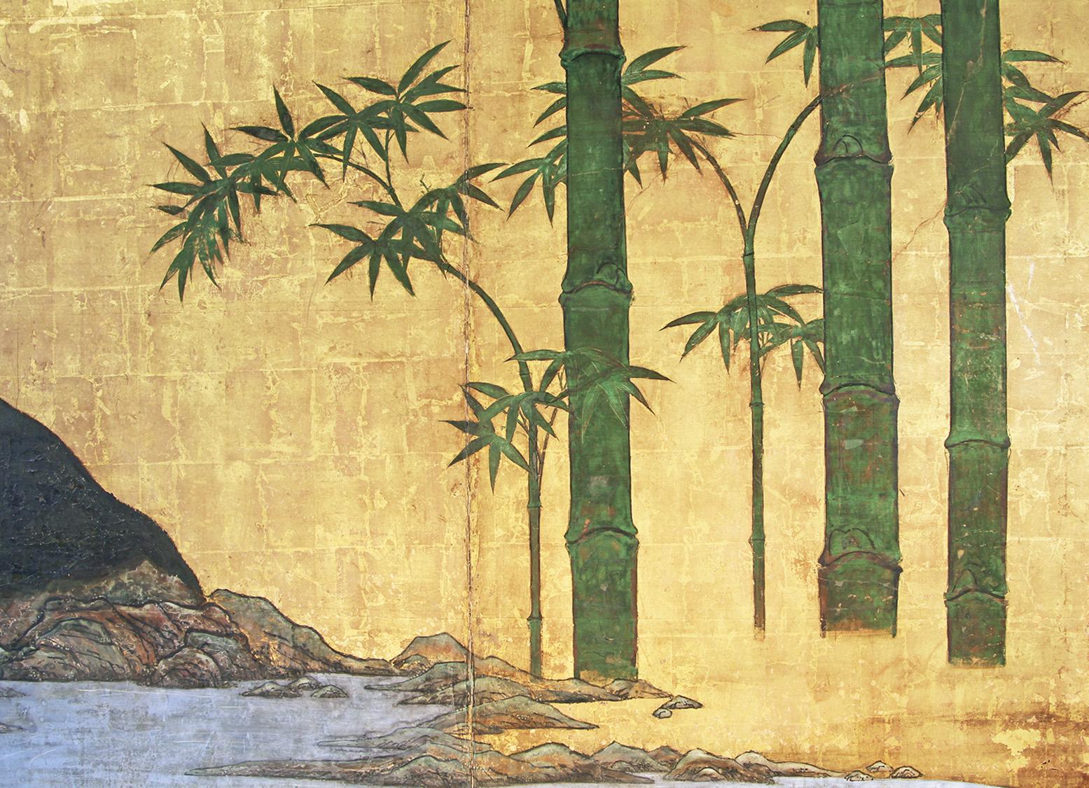 Paravento Due Pannelli Bambù su Foglia d'Oro (Handbemalt) im Angebot